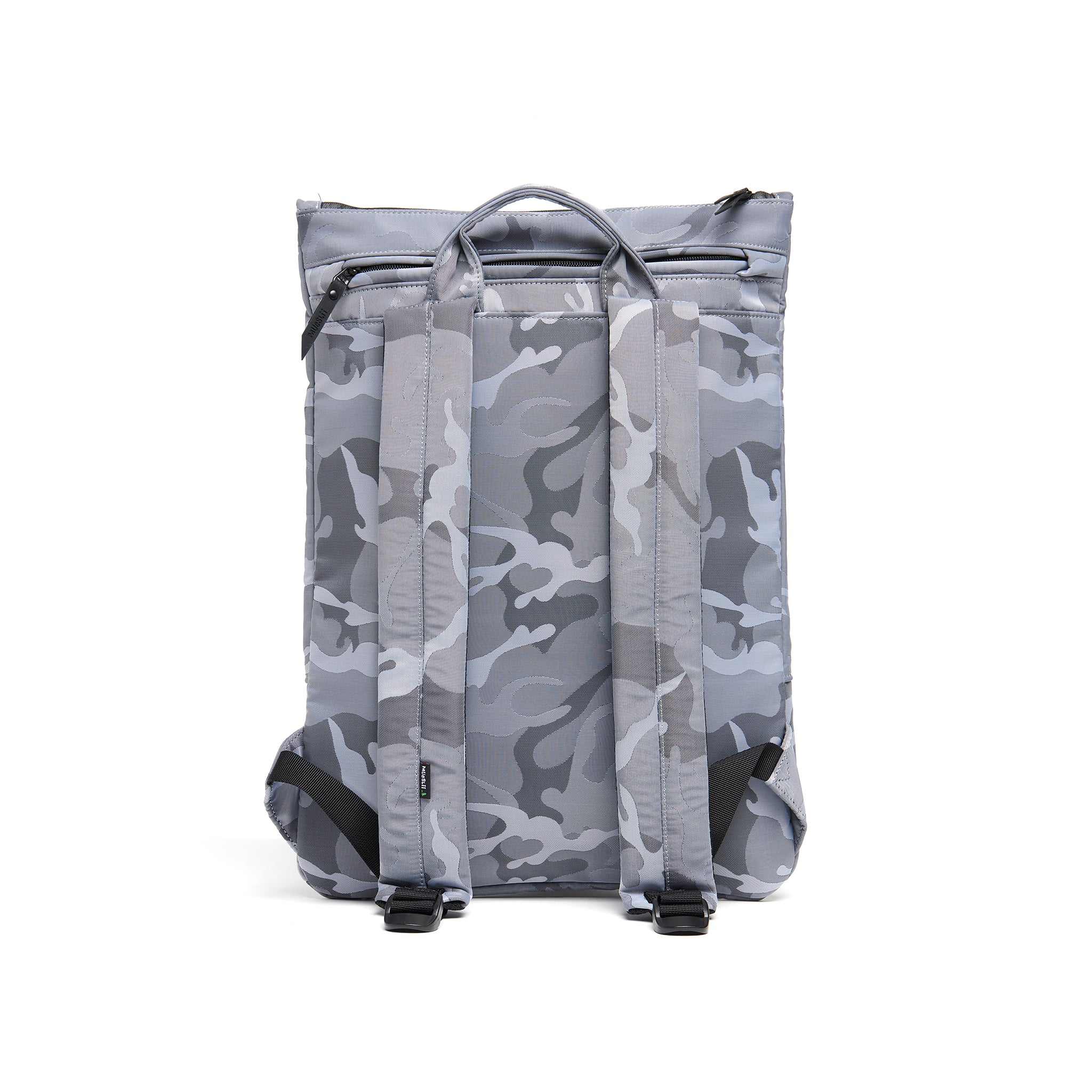 Mueslii light backpack, made of jacquard  waterproof nylon, with a laptop compartment, pattern camouflage, color silver, back view.