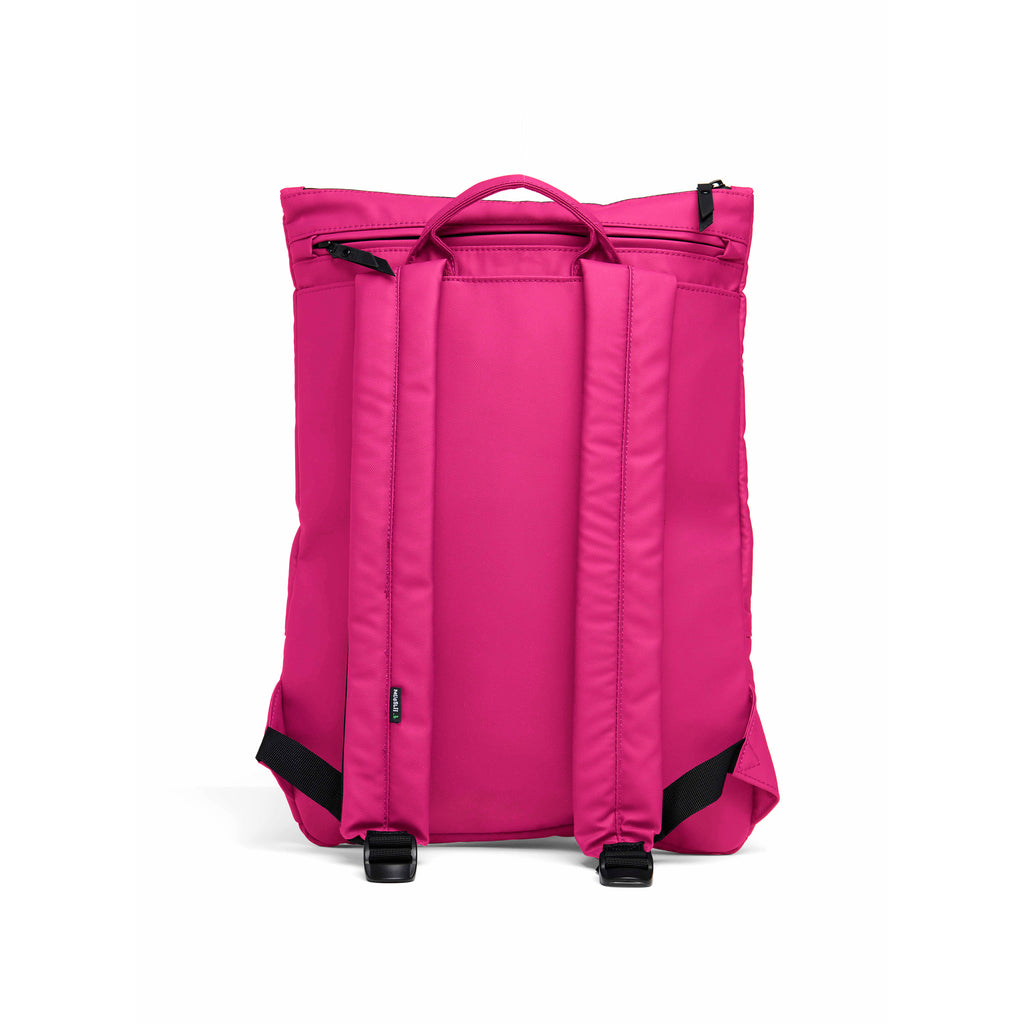 Mueslii light pack,  made of PU coated waterproof nylon, color pink, back view.