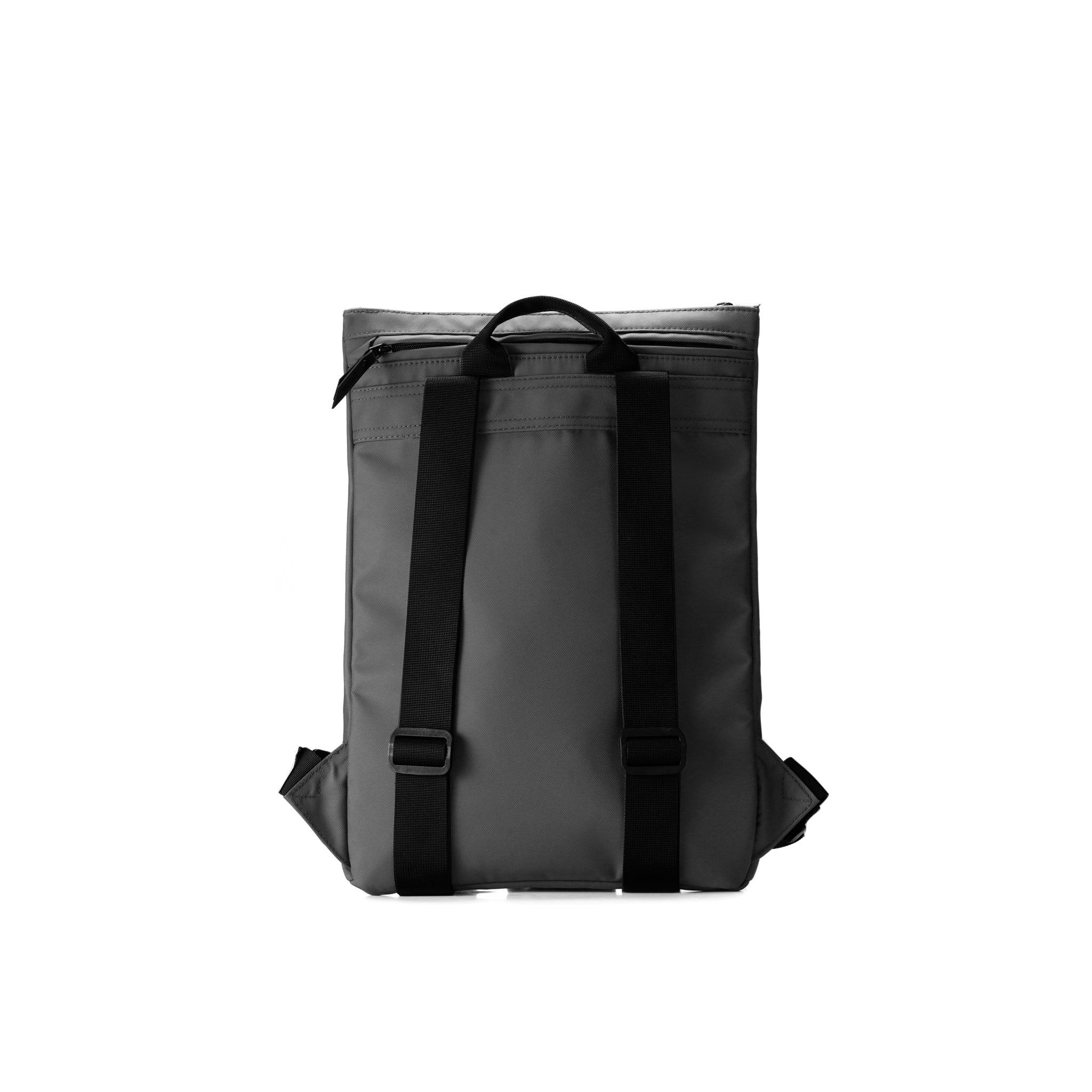 Mueslii light backpack,  made of PU coated waterproof nylon, with a laptop compartment, color grey, back view.