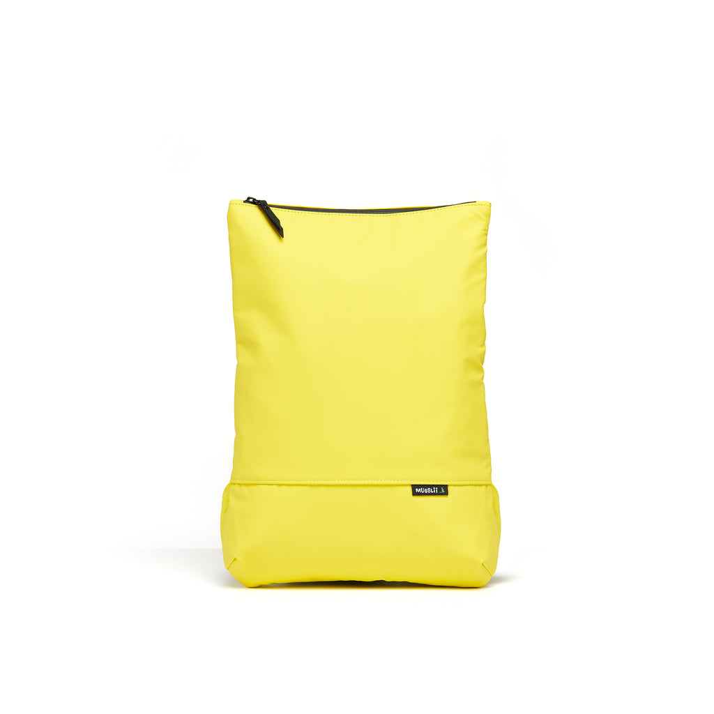Mueslii light backpack,  made of PU coated waterproof nylon, with a laptop compartment, color lemon yellow, front view.