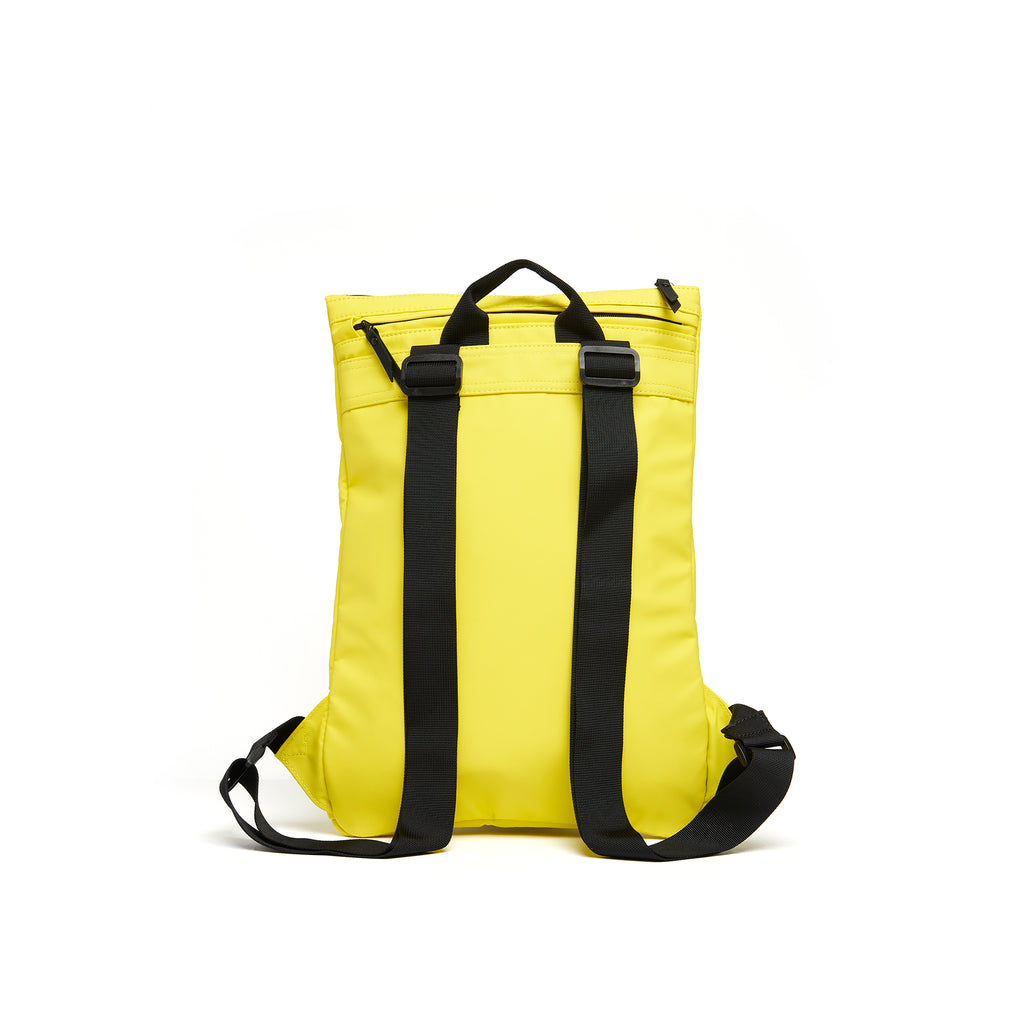 Mueslii light backpack,  made of PU coated waterproof nylon, with a laptop compartment, color yellow, back view.