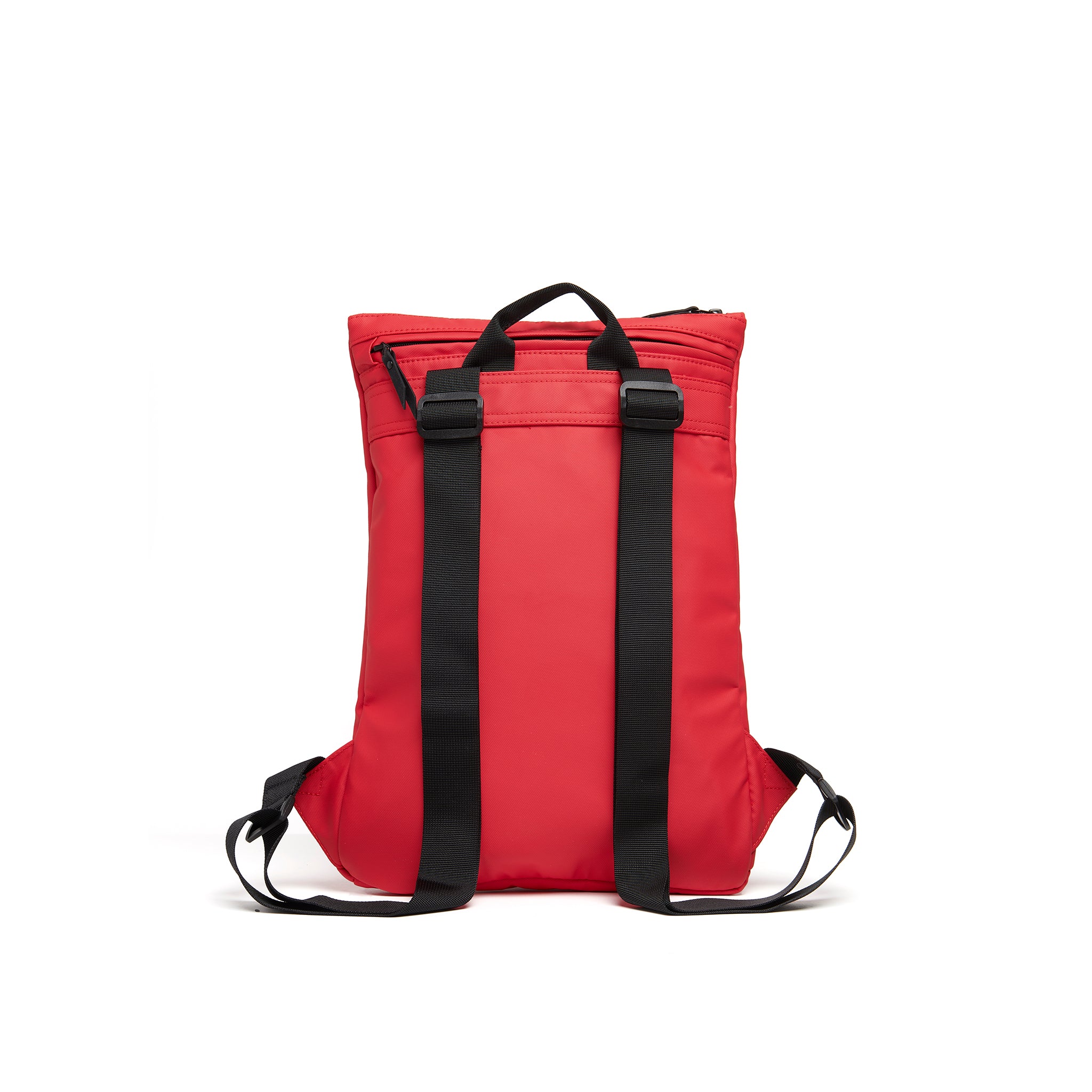Mueslii light backpack,  made of PU coated waterproof nylon, with a laptop compartment, color red, back view.