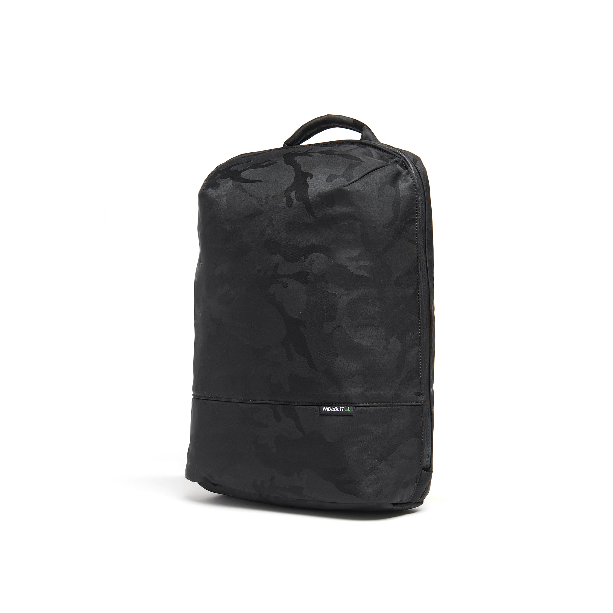 Mueslii daily backpack, made of jacquard  waterproof nylon, camouflage pattern, with a laptop compartment, color black, side view.