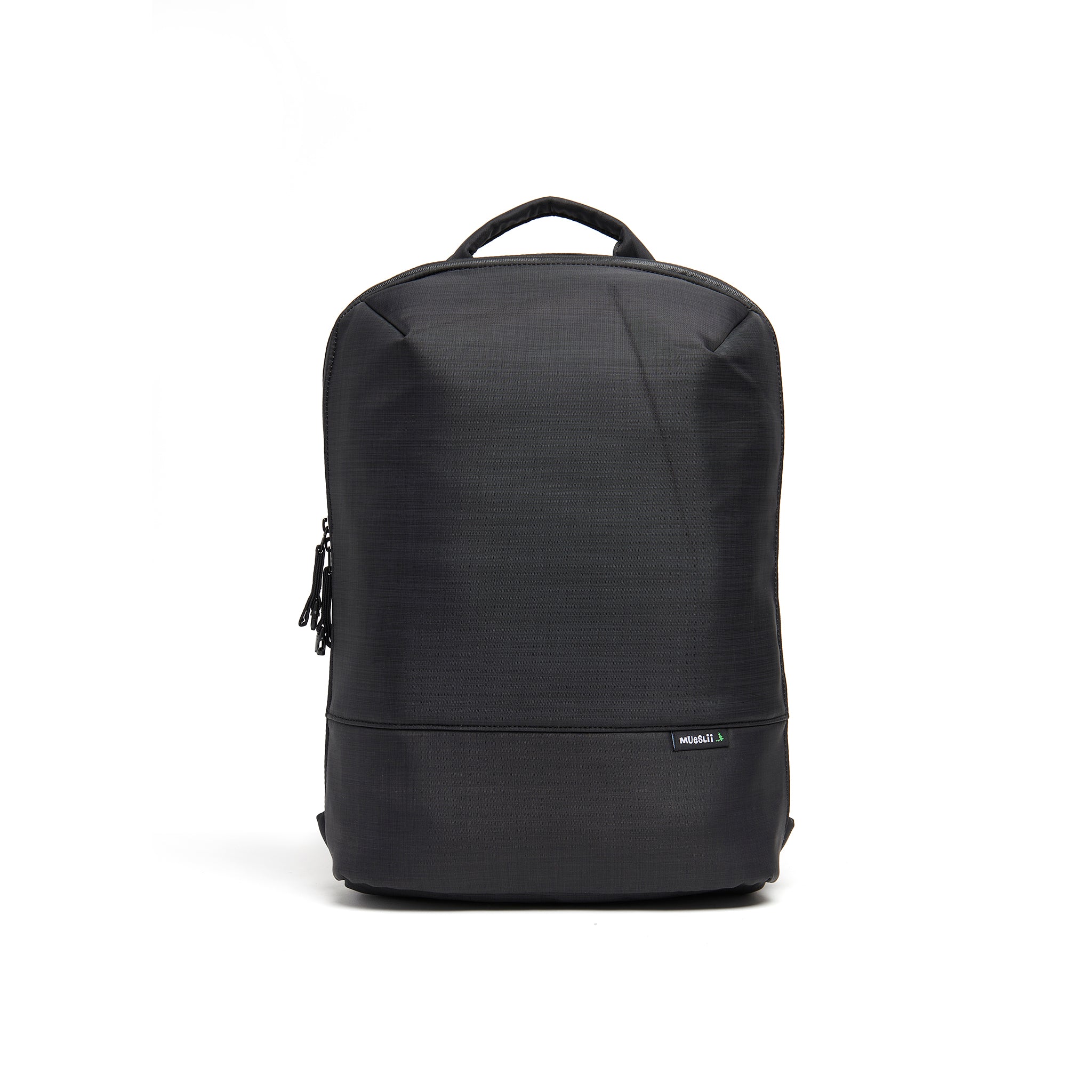 Mueslii daily backpack, made of  water resistant canvas nylon, with a laptop compartment, color night black, front view.