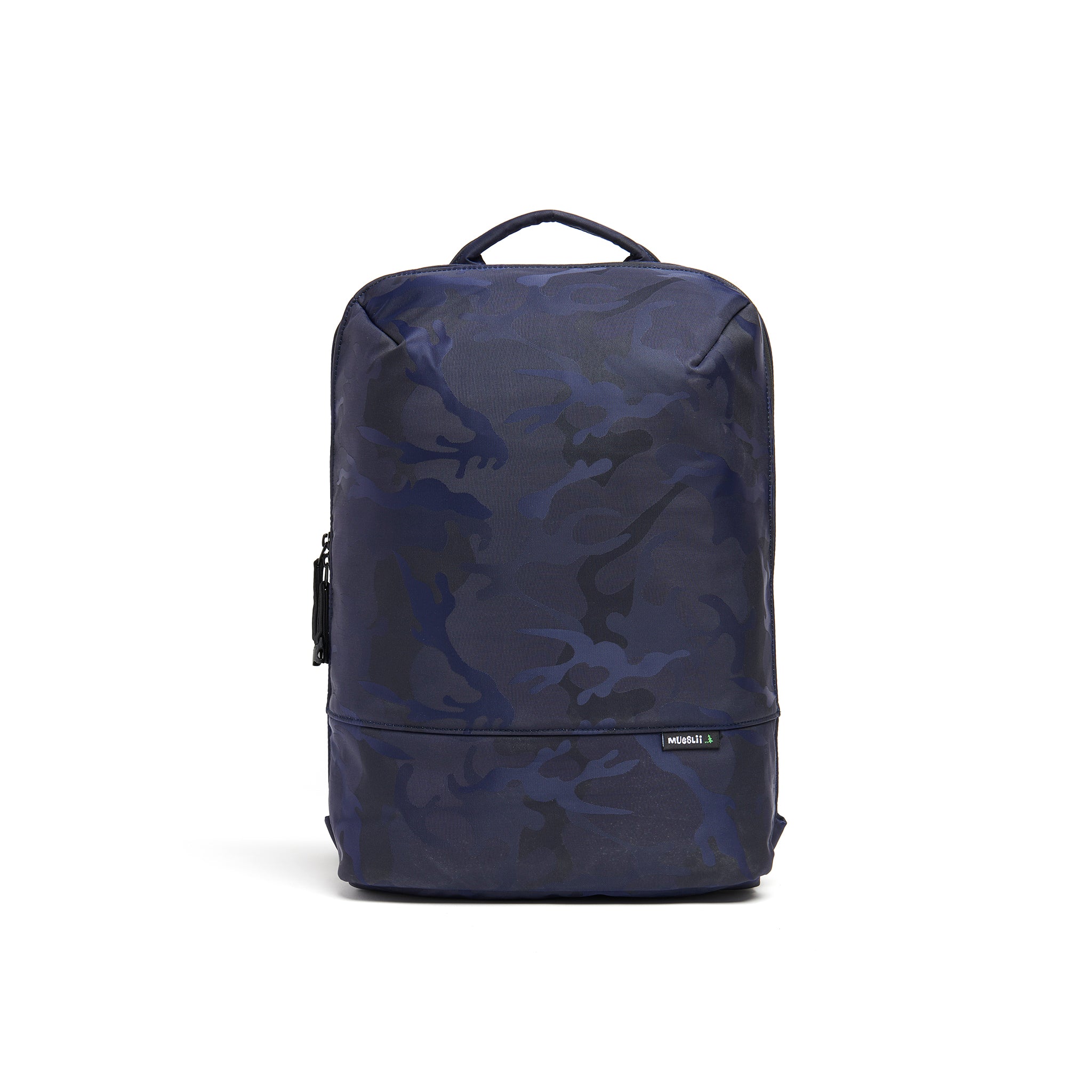 Mueslii daily backpack, made of jacquard  waterproof nylon, camouflage pattern, with a laptop compartment, color blue, front view.