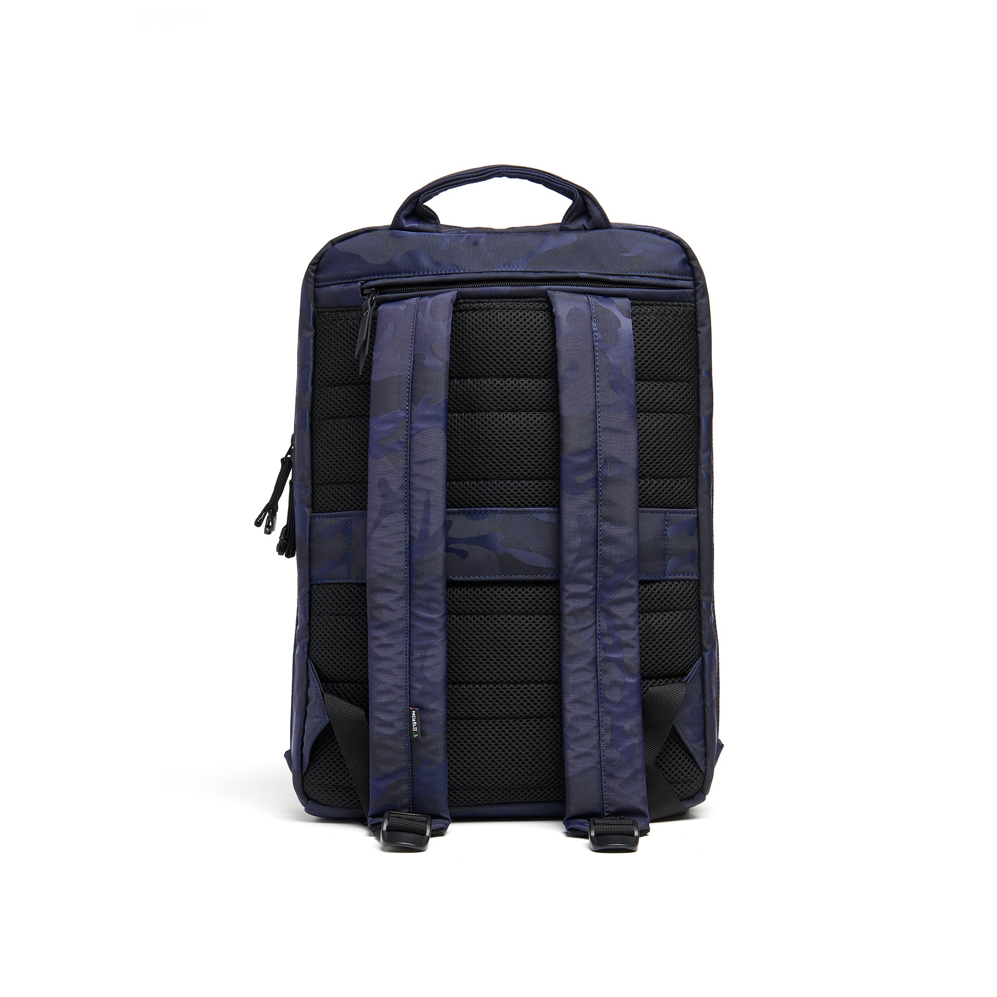 Mueslii daily backpack, made of jacquard  waterproof nylon, camouflage pattern, with a laptop compartment, color blue, back view.