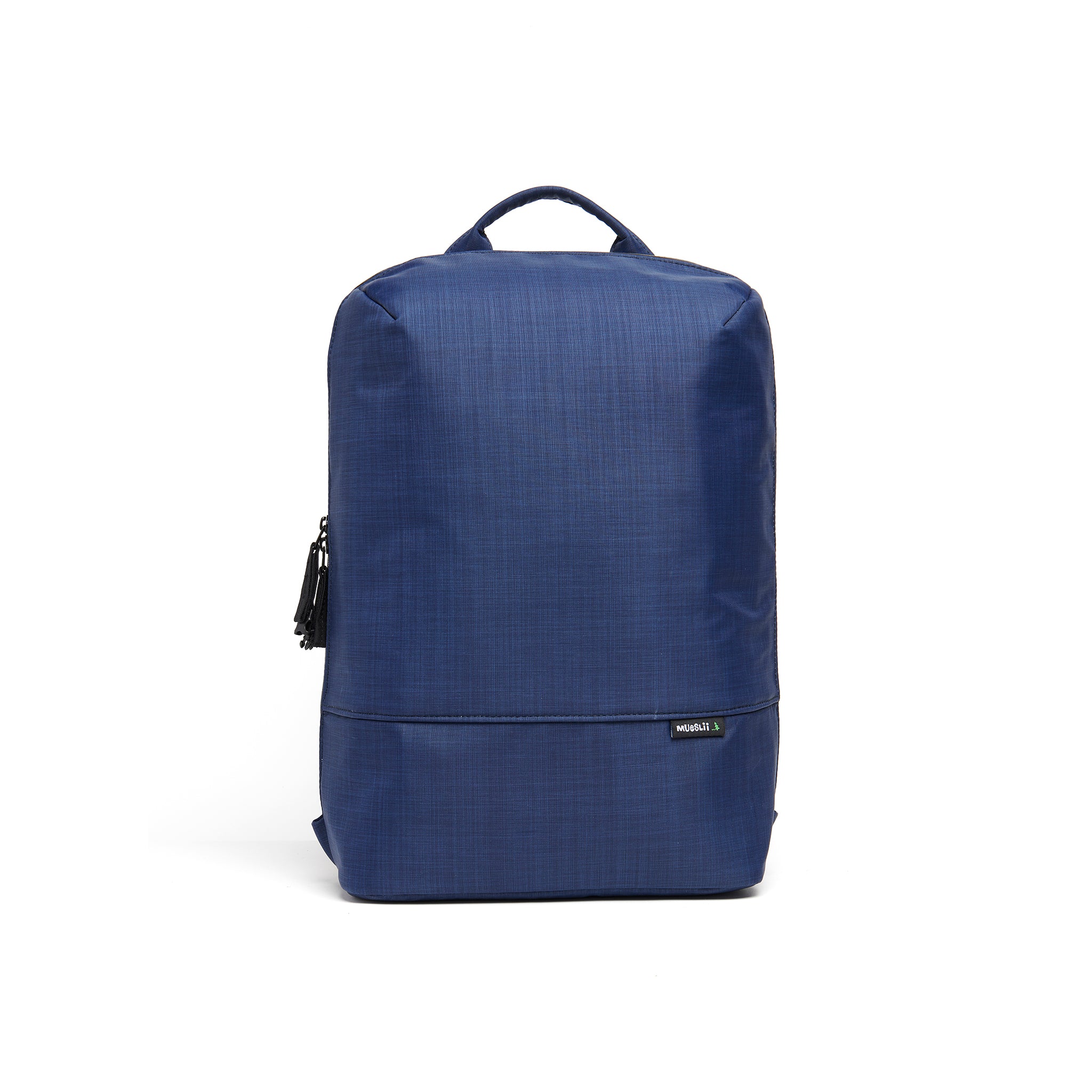 Mueslii daily backpack, made of  water resistant canvas nylon, with a laptop compartment, color  ocean blue, front view.