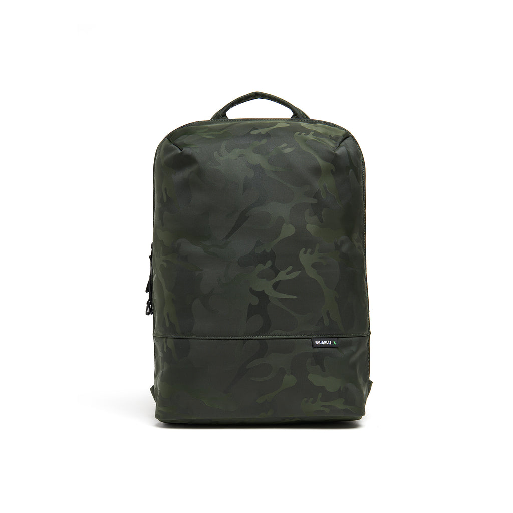Mueslii daily backpack, made of jacquard  waterproof nylon, camouflage pattern, with a laptop compartment, color green, front view.