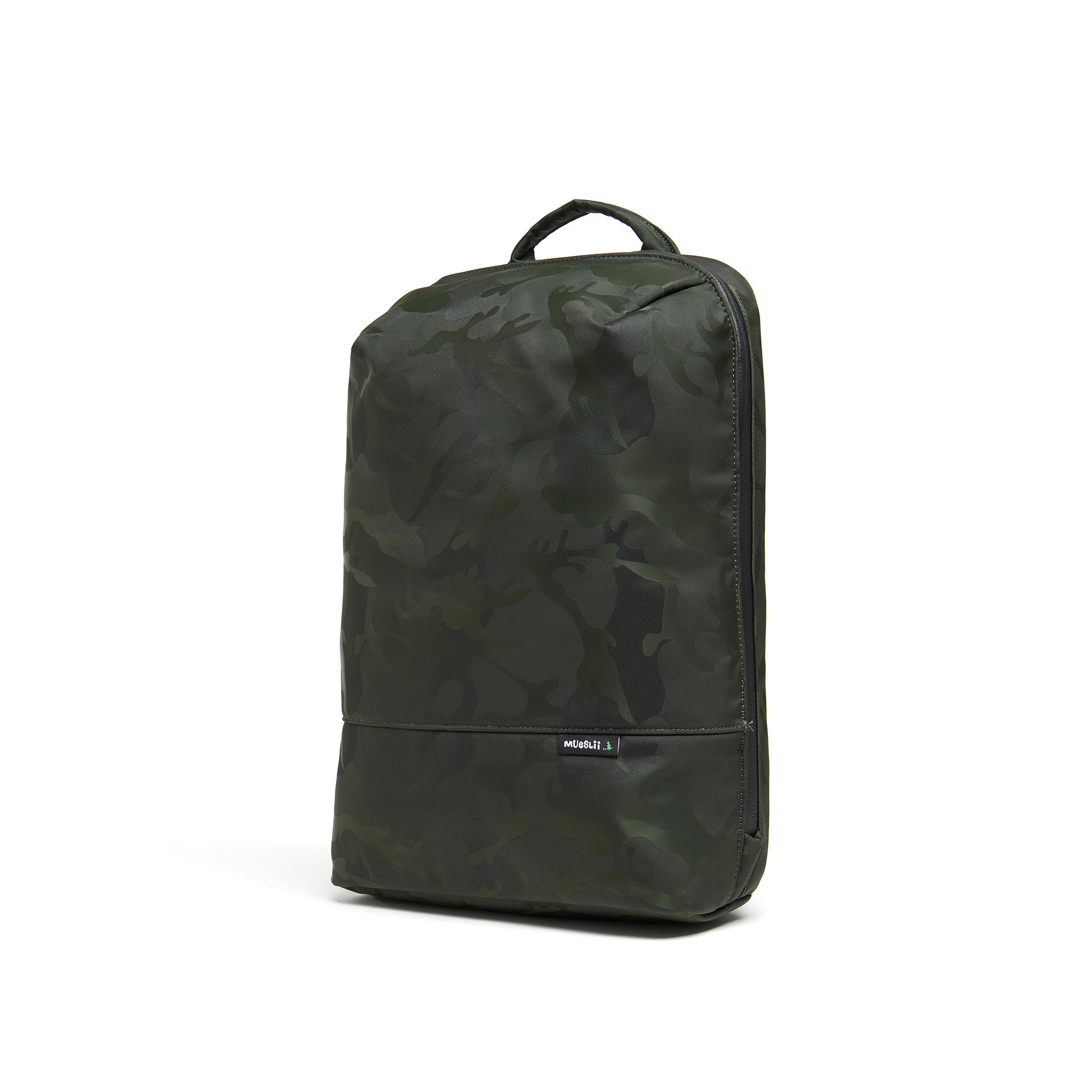 Mueslii daily backpack, made of jacquard  waterproof nylon, camouflage pattern, with a laptop compartment, color green, side view.