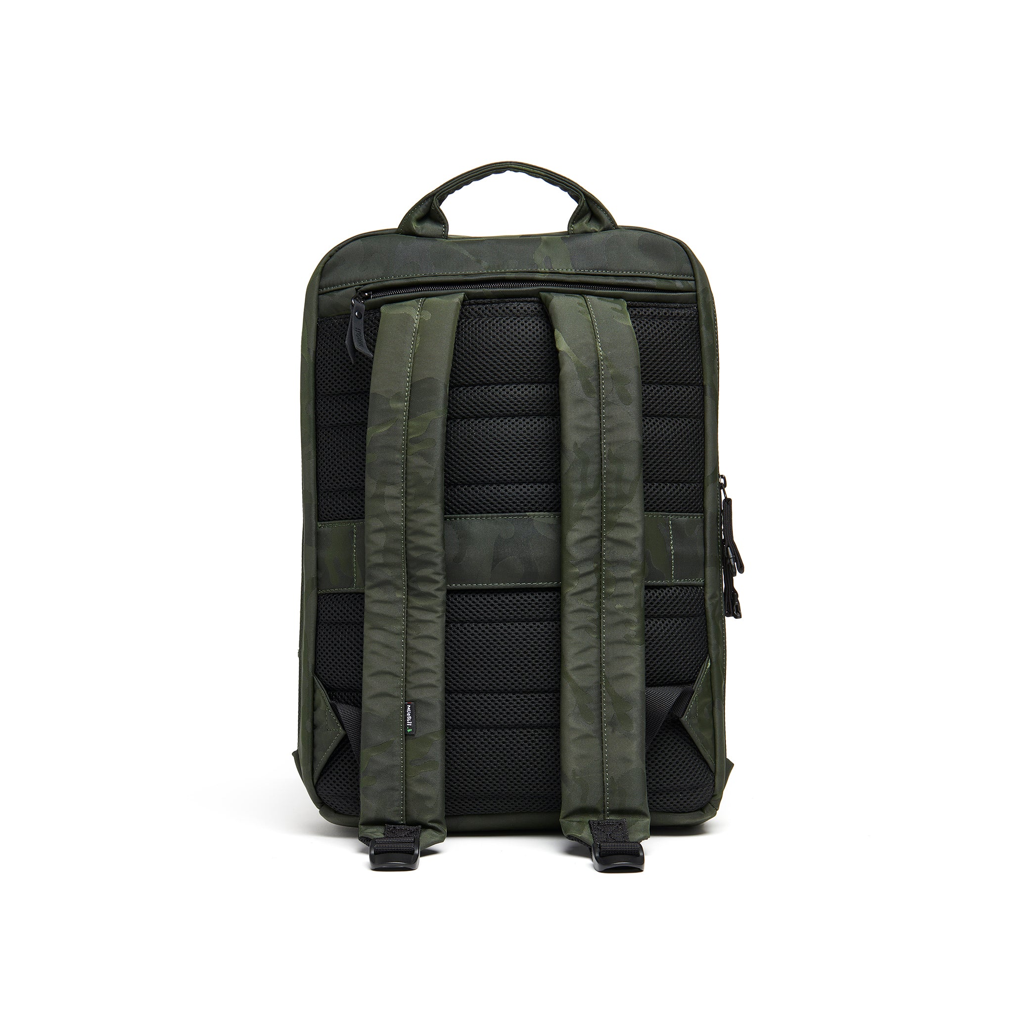 Mueslii daily backpack, made of jacquard  waterproof nylon, camouflage pattern, with a laptop compartment, color green, back view.