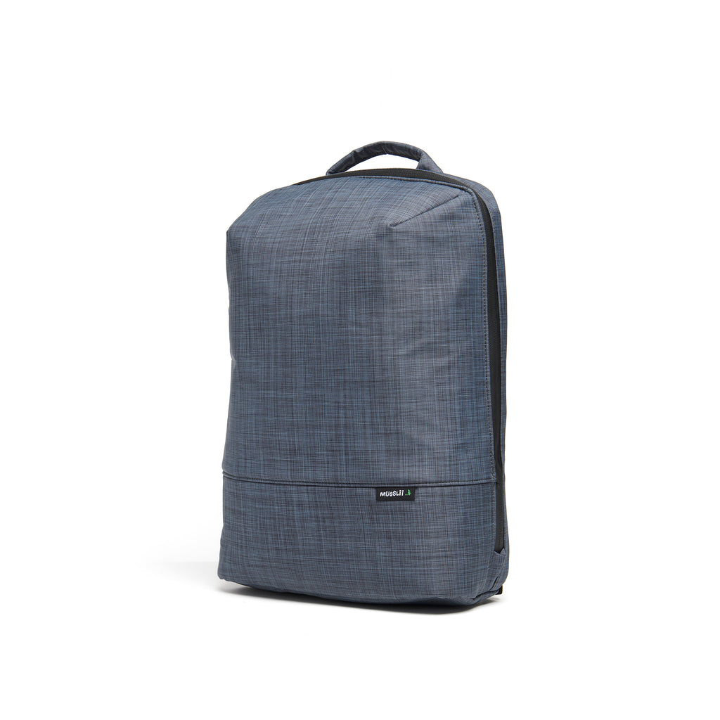 Mueslii daily backpack, made of  water resistant canvas nylon, with a laptop compartment, color slate grey, side view.