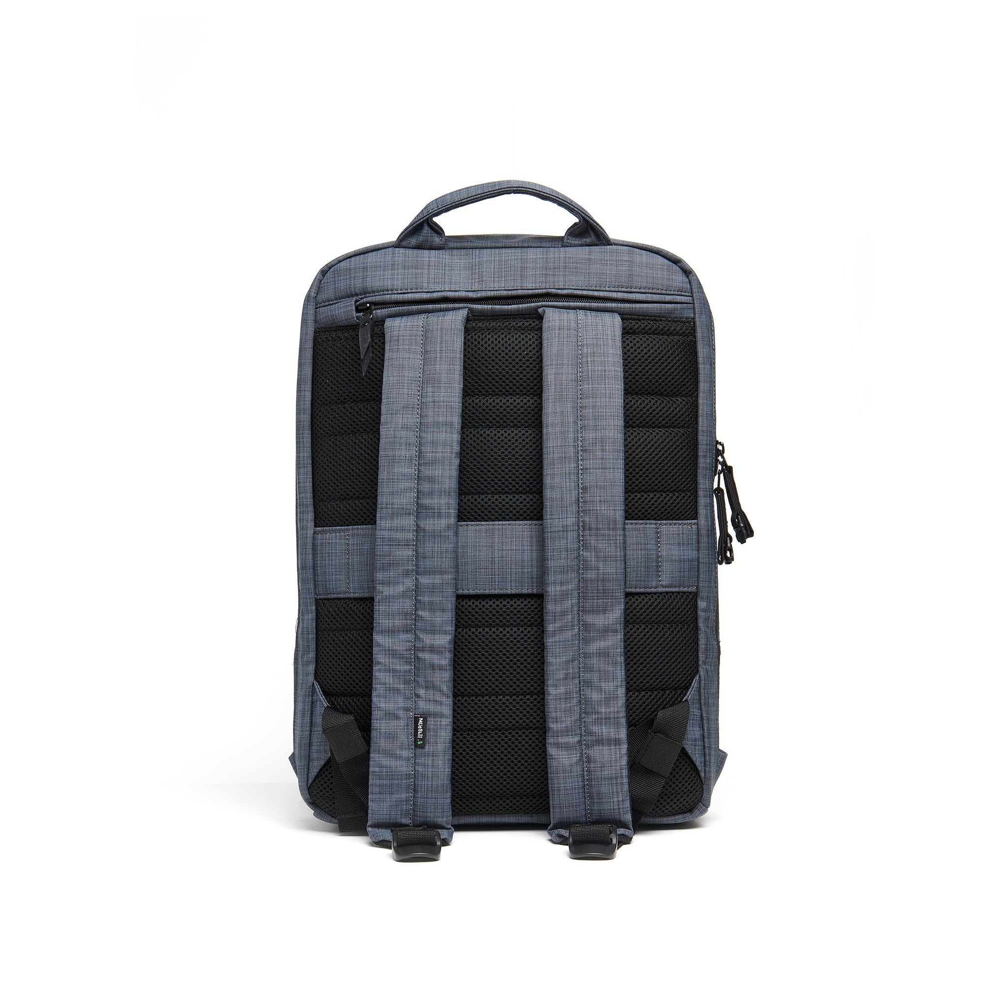 Mueslii daily backpack, made of  water resistant canvas nylon, with a laptop compartment, color slate grey, back view.