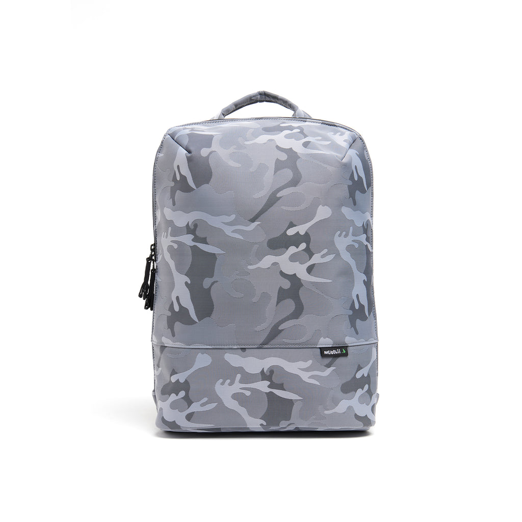 Mueslii daily backpack, made of jacquard  waterproof nylon, camouflage pattern, with a laptop compartment, color silver, front view.