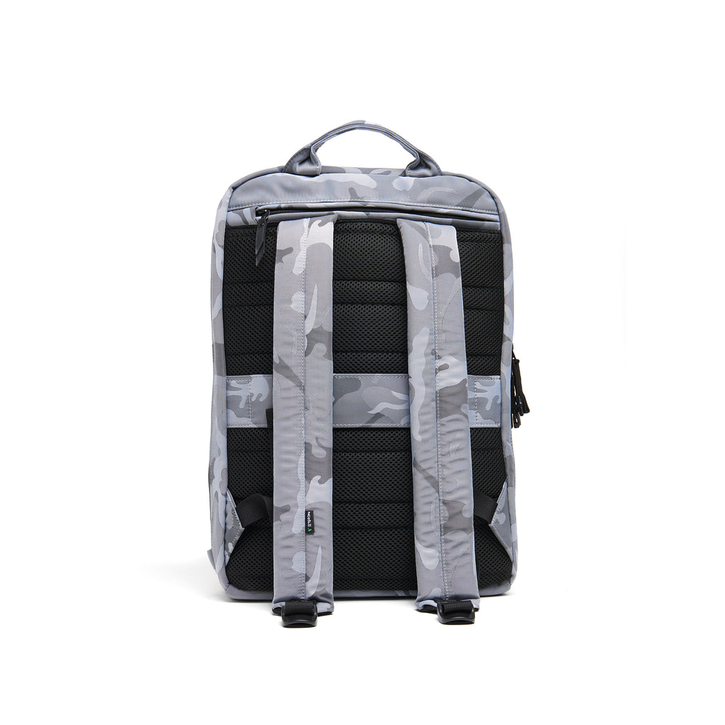 Mueslii daily backpack, made of jacquard  waterproof nylon, camouflage pattern, with a laptop compartment, color silver, back view.