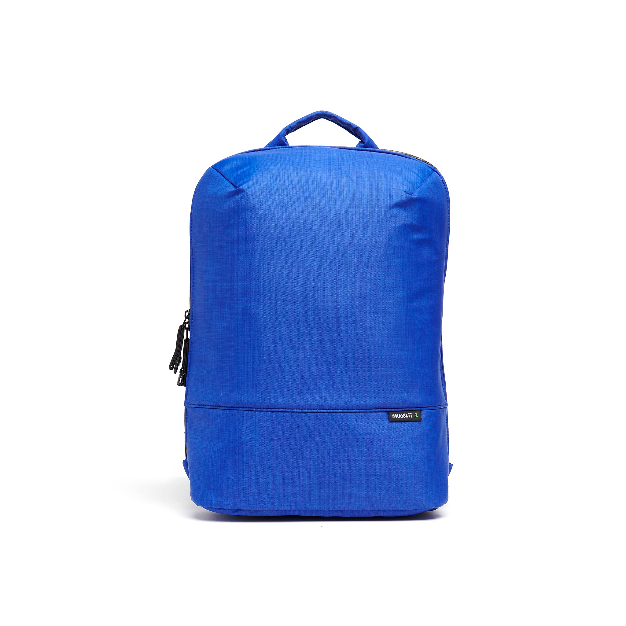 Mueslii daily backpack, made of  water resistant canvas nylon, with a laptop compartment, color summer blue, front view.