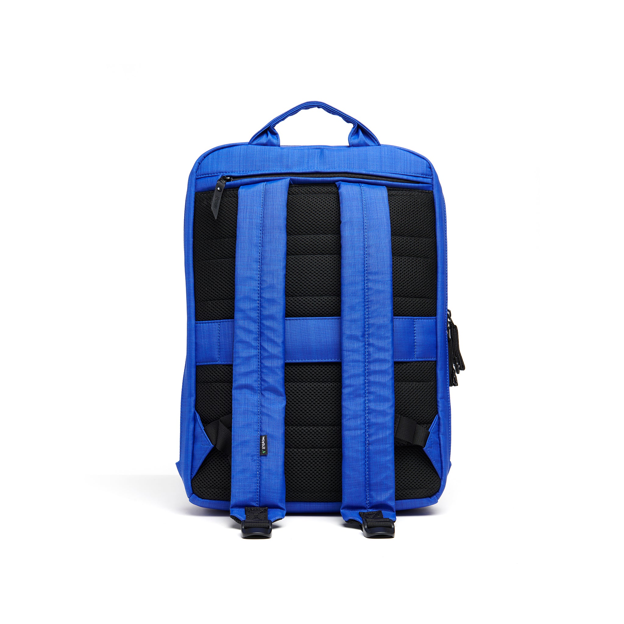 Mueslii daily backpack, made of  water resistant canvas nylon, with a laptop compartment, color summer blue, back view.