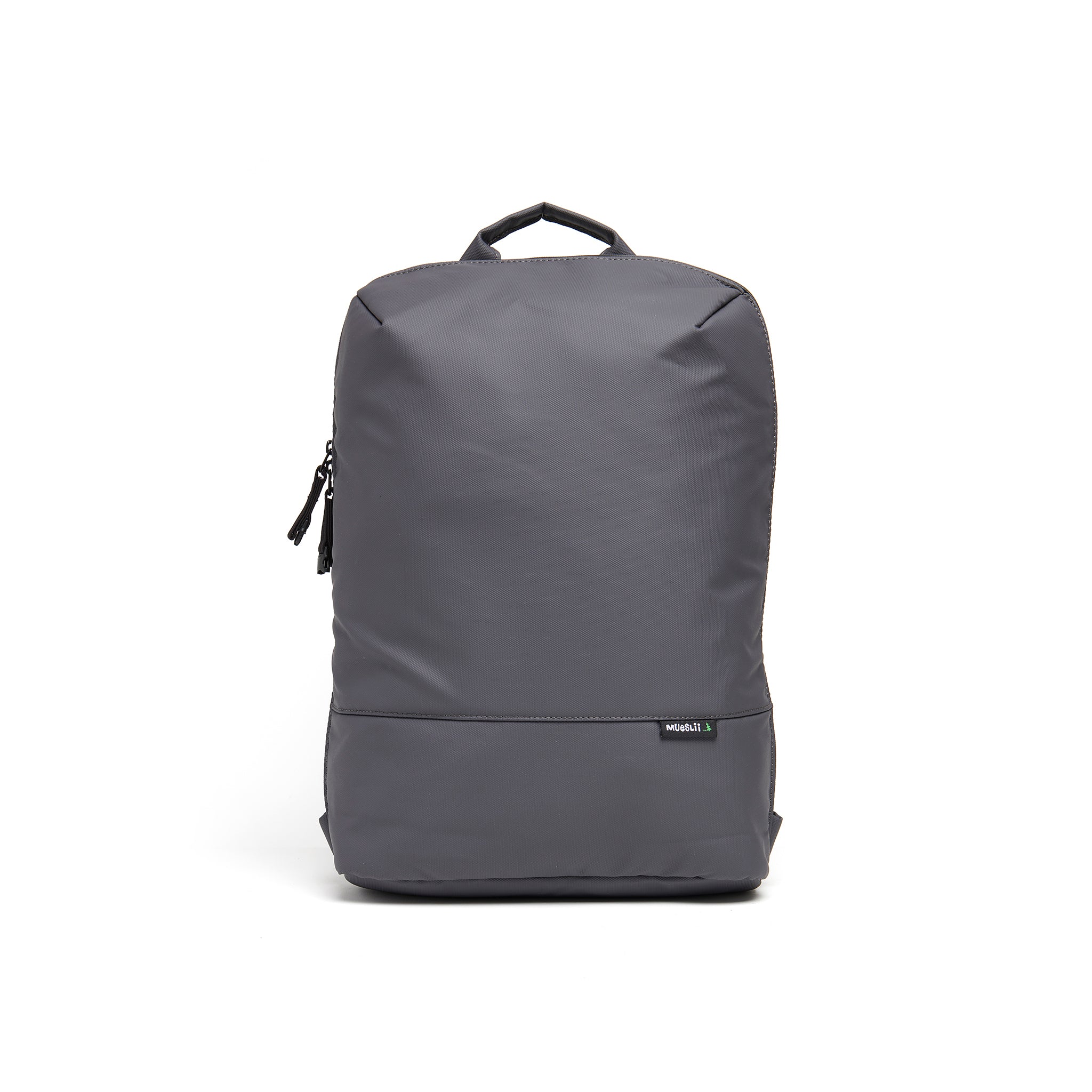 Mueslii daily backpack, made of PU coated waterproof nylon, with a laptop compartment, color grey, front view.