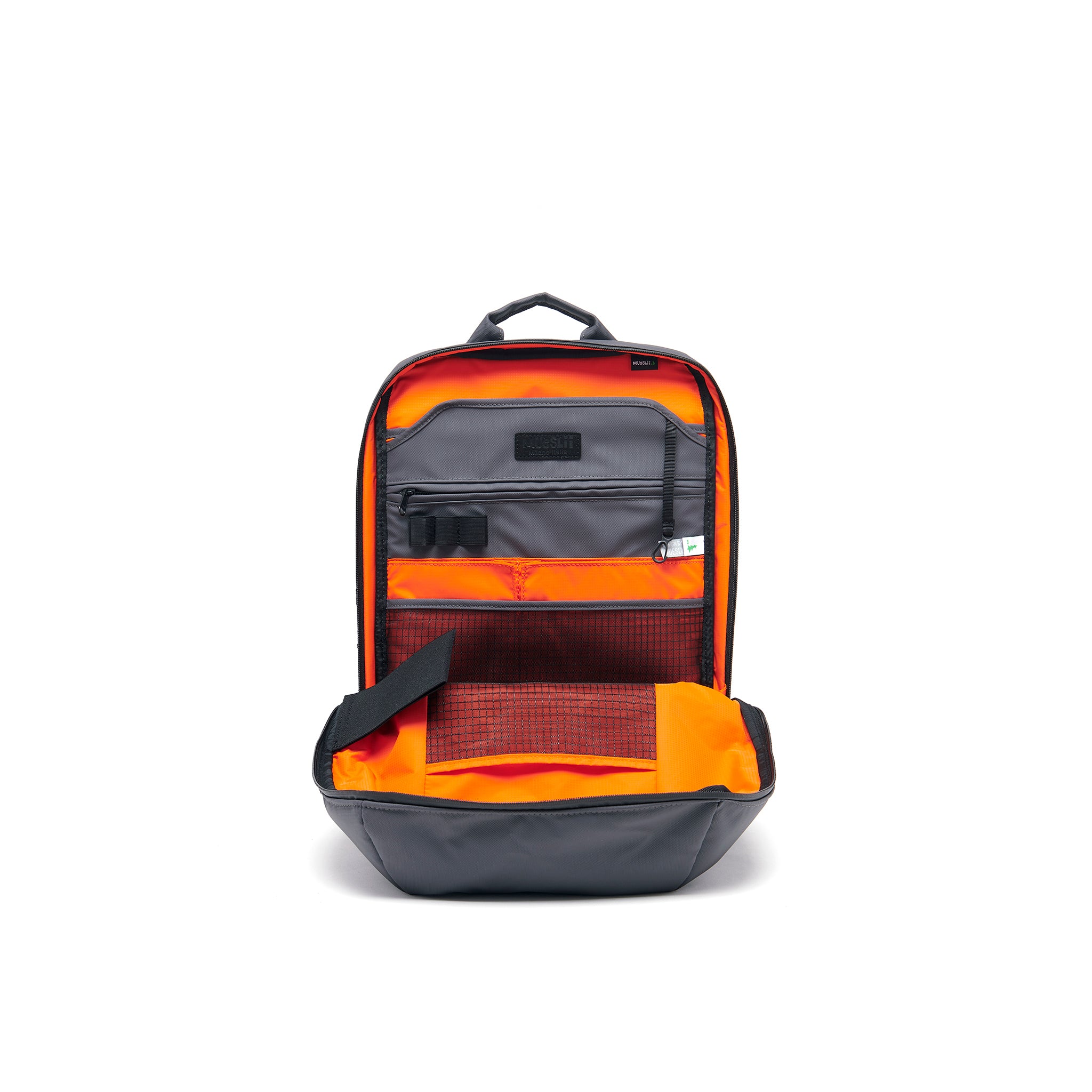 Mueslii daily backpack, made of PU coated waterproof nylon, with a laptop compartment, color grey, inside view.