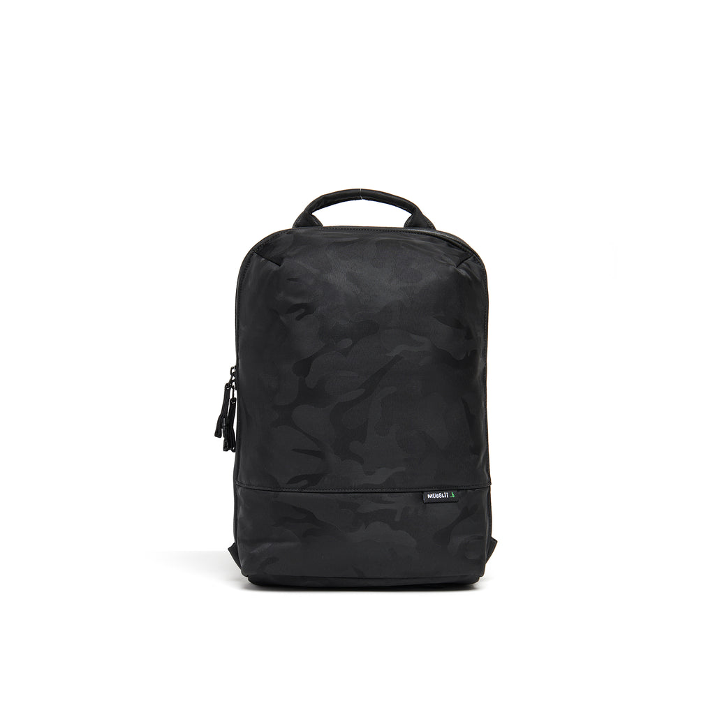 Mueslii small backpack, made of jacquard  waterproof nylon, camouflage pattern, with a laptop compartment, color black, front view.