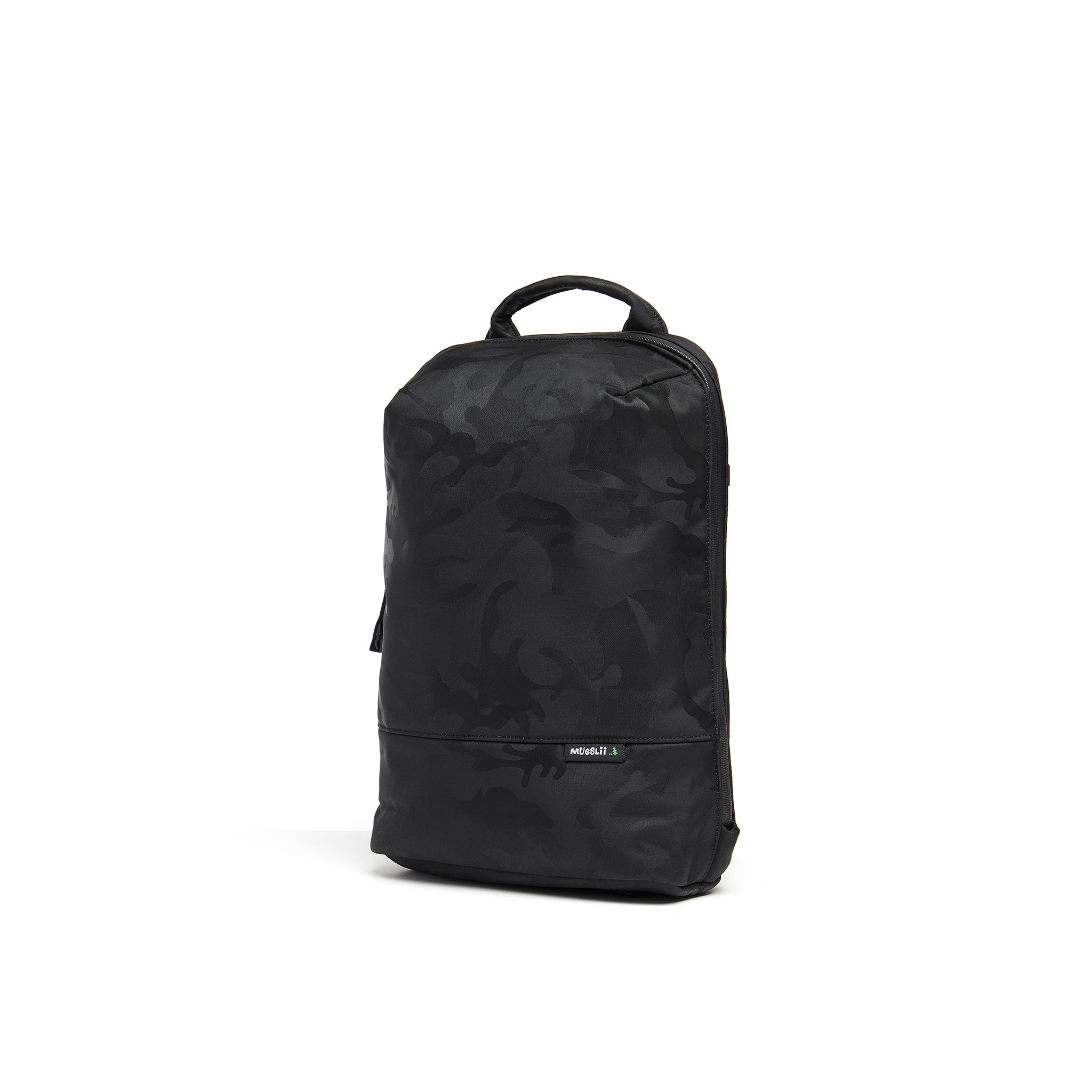 Mueslii small backpack, made of jacquard  waterproof nylon, camouflage pattern, with a laptop compartment, color black, side view.