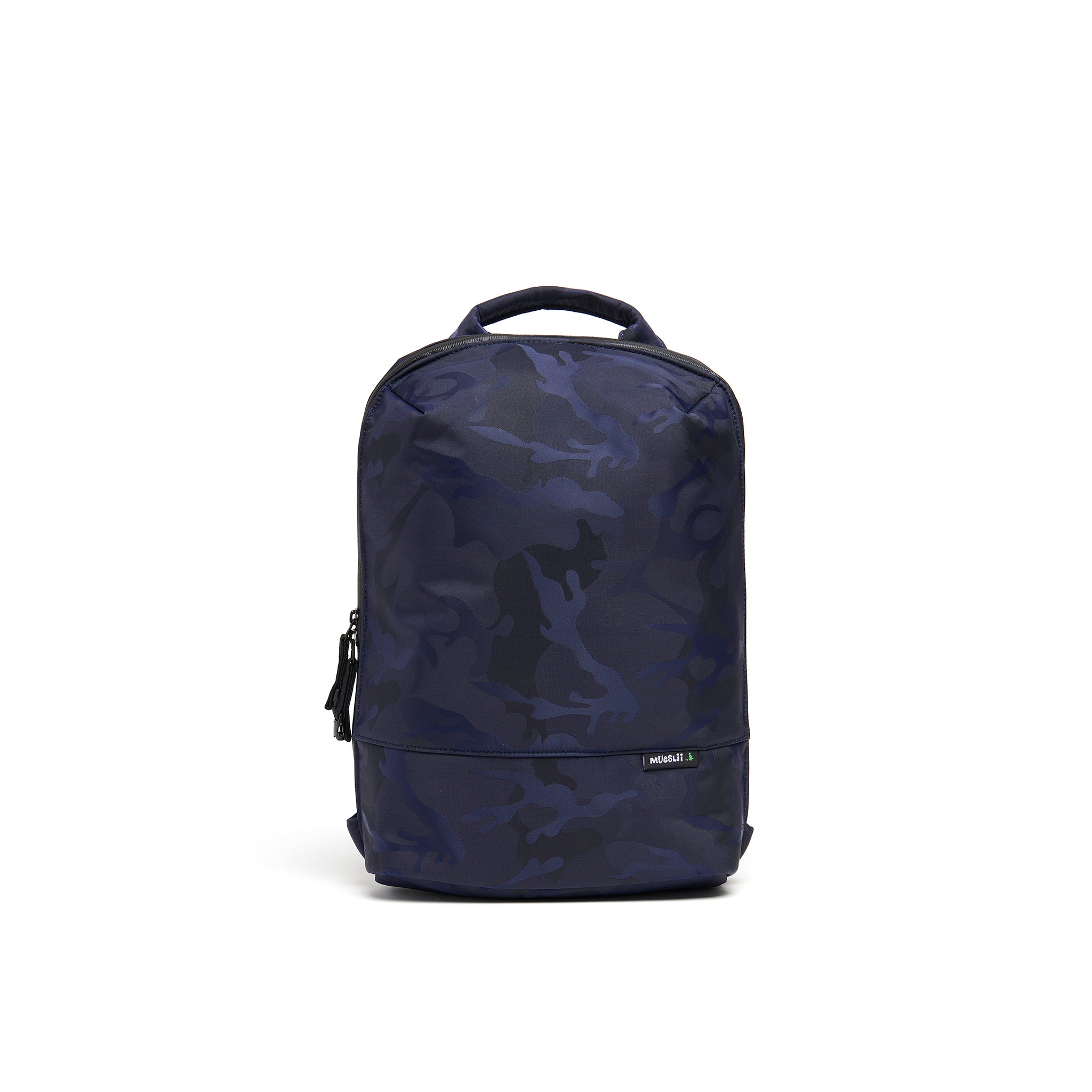 Mueslii small backpack, made of jacquard  waterproof nylon, camouflage pattern, with a laptop compartment, color blue, front view.