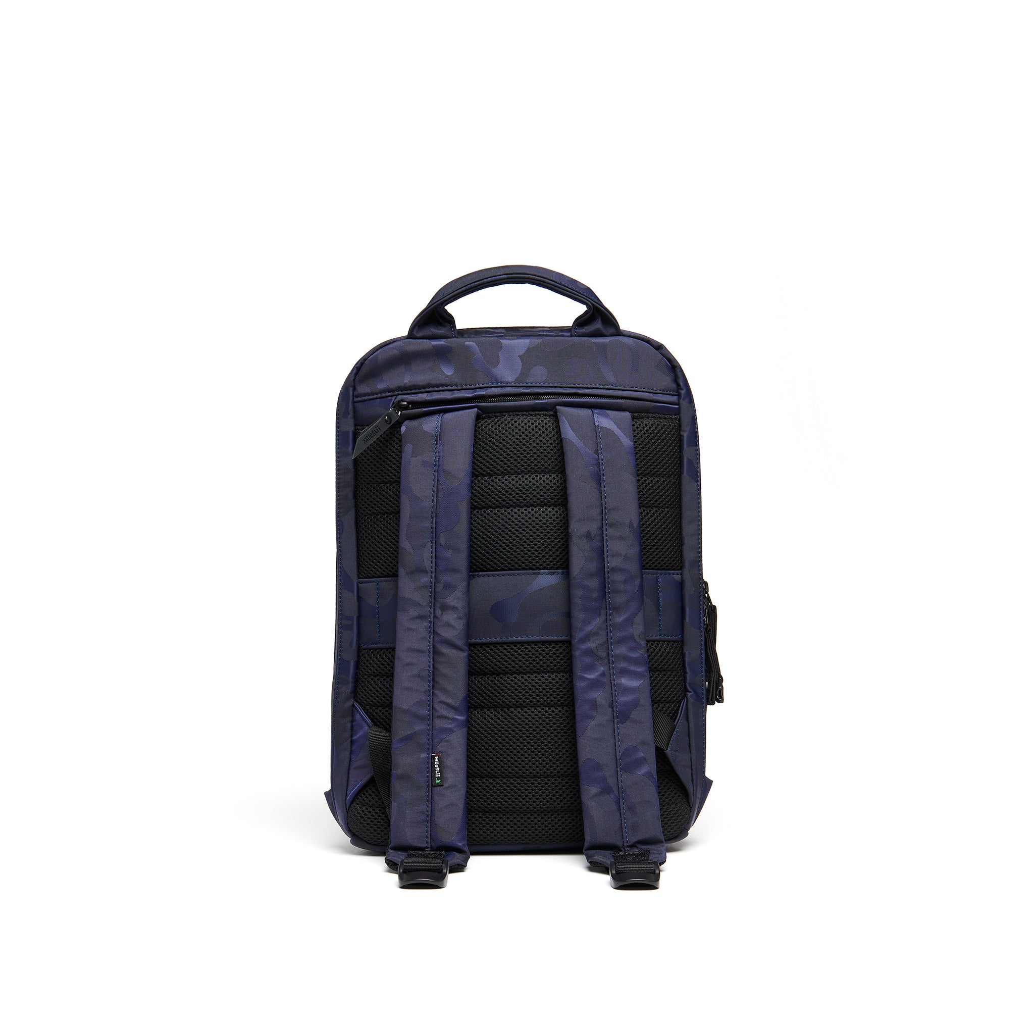 Mueslii small backpack, made of jacquard  waterproof nylon, camouflage pattern, with a laptop compartment, color blue, back view.