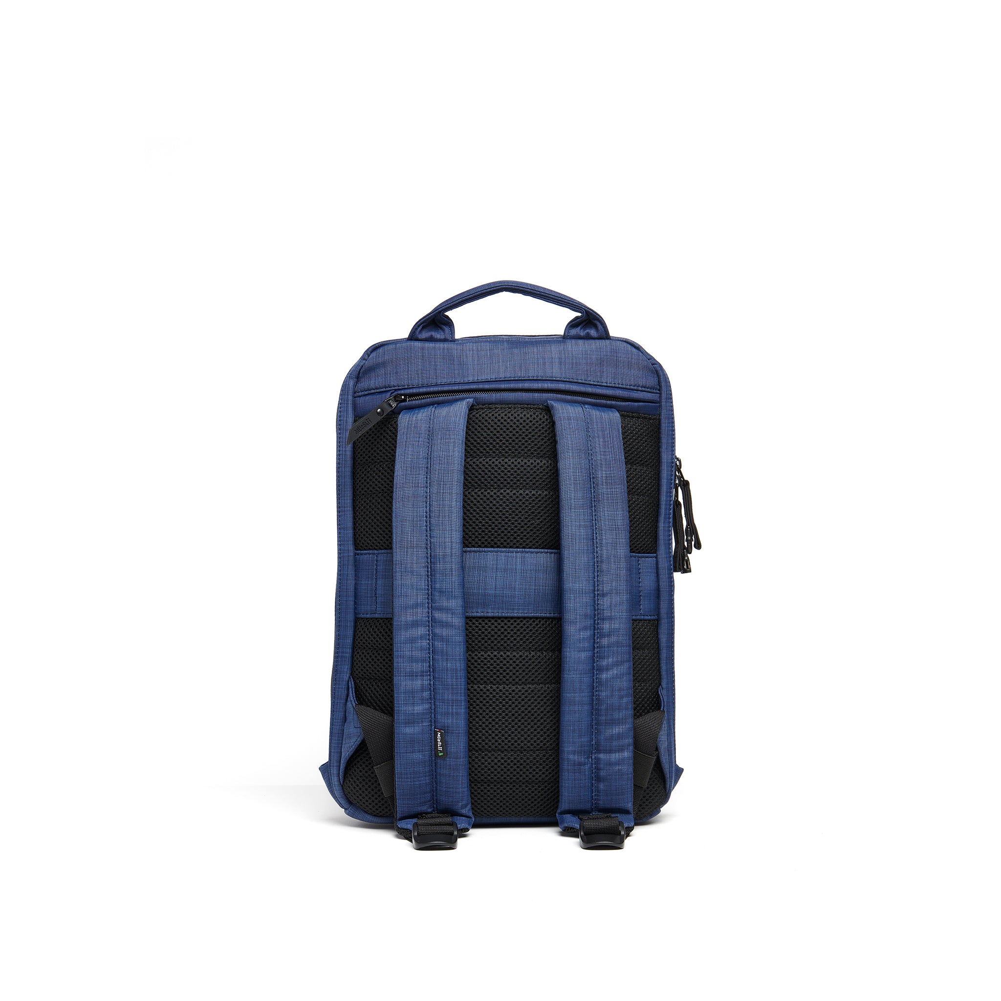 Mueslii small backpack,  made of  water resistant canvas nylon,  with a laptop compartment, color ocean blue, back view.