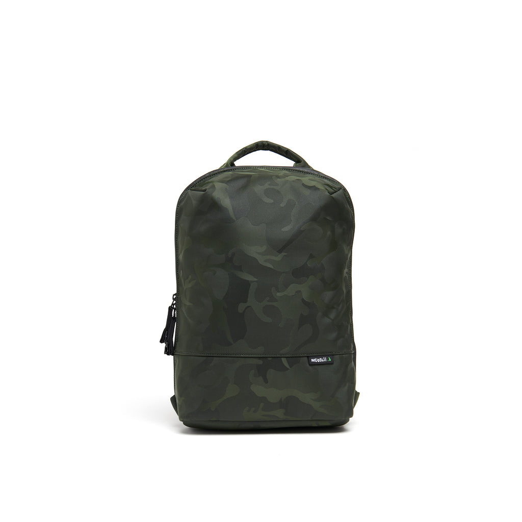 Mueslii small backpack, made of jacquard  waterproof nylon, camouflage pattern, with a laptop compartment, color green, front view.