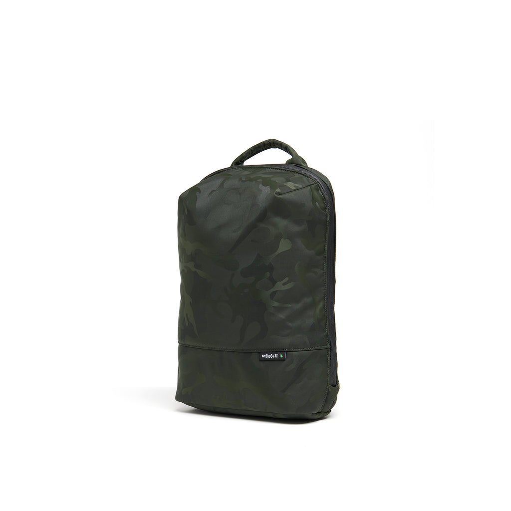 Mueslii small backpack, made of jacquard  waterproof nylon, camouflage pattern, with a laptop compartment, color green, side view.