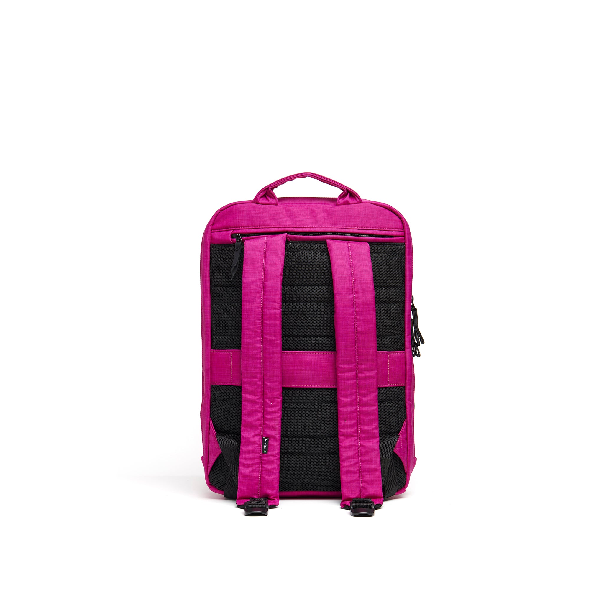 Mueslii small backpack,  made of  water resistant canvas nylon,  with a laptop compartment, color fuchsia, back view.