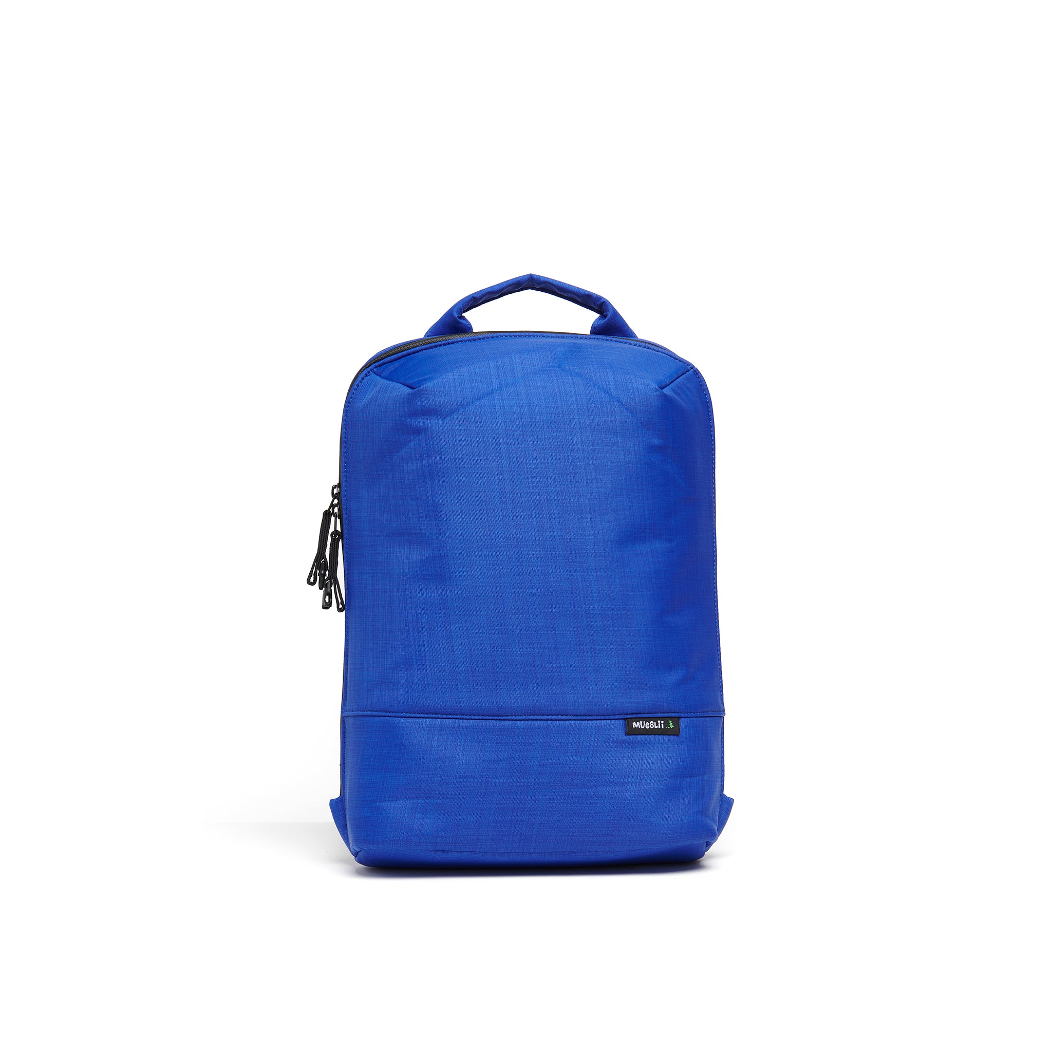 Mueslii small backpack,  made of  water resistant canvas nylon,  with a laptop compartment, color summer blue, front view.
