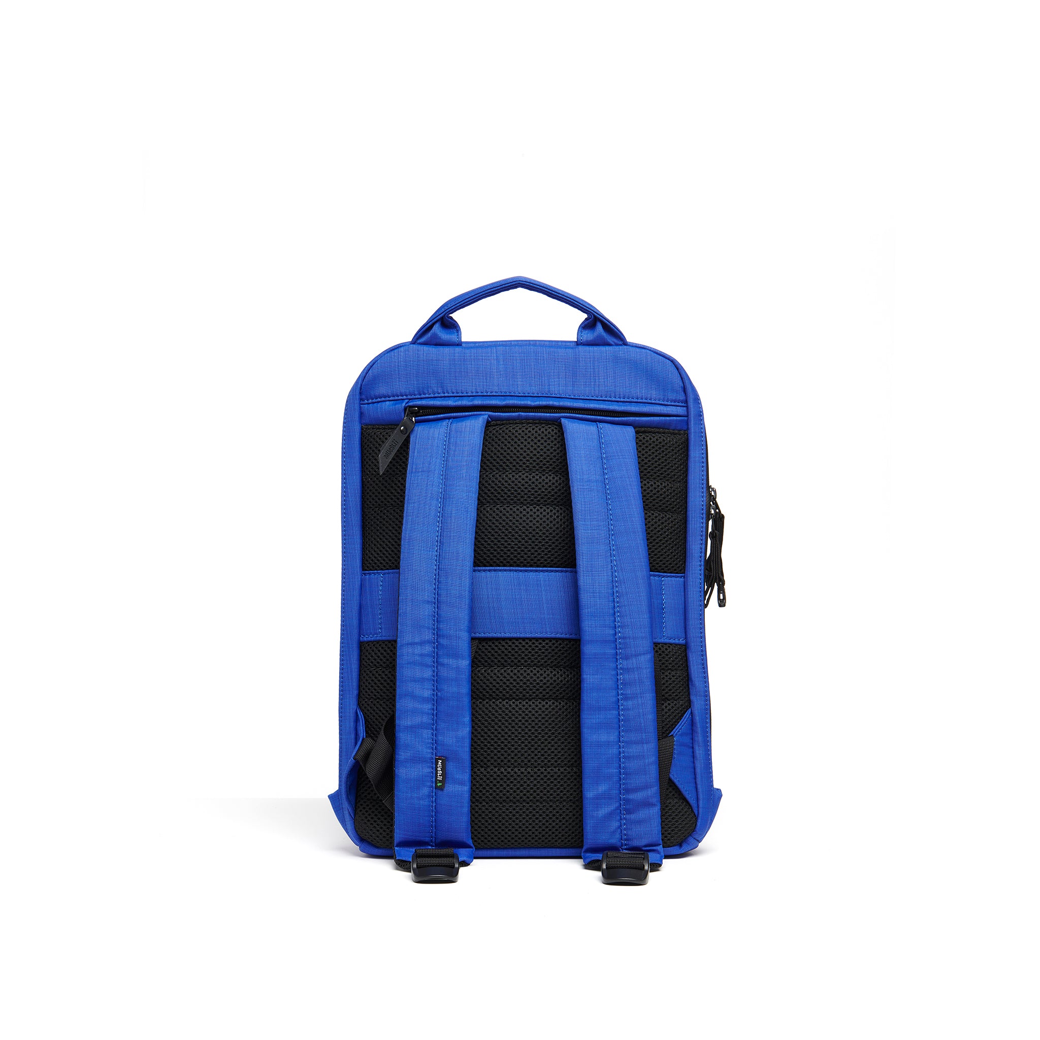Mueslii small backpack,  made of  water resistant canvas nylon,  with a laptop compartment, color summer blue, back view.