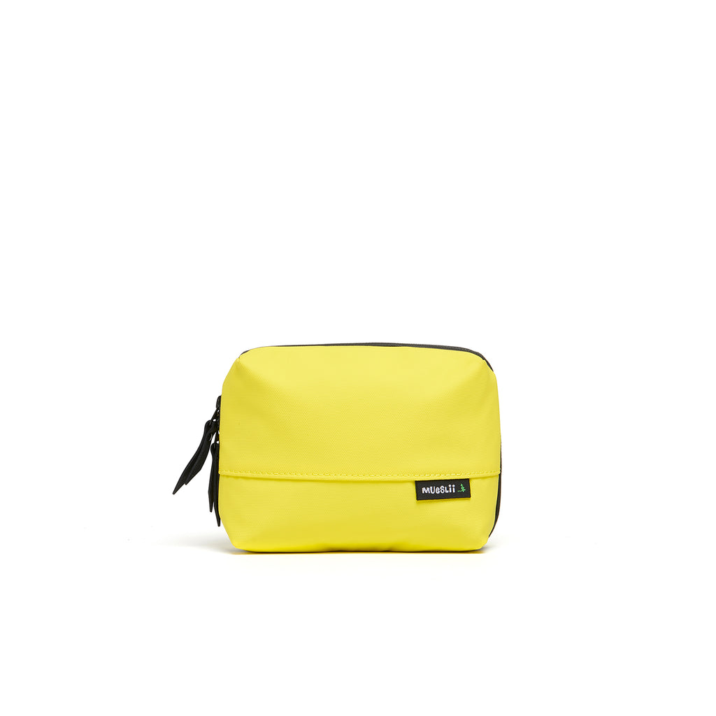 Mueslii tech case, made of PU coated waterproof nylon, color lemon yellow, front view.