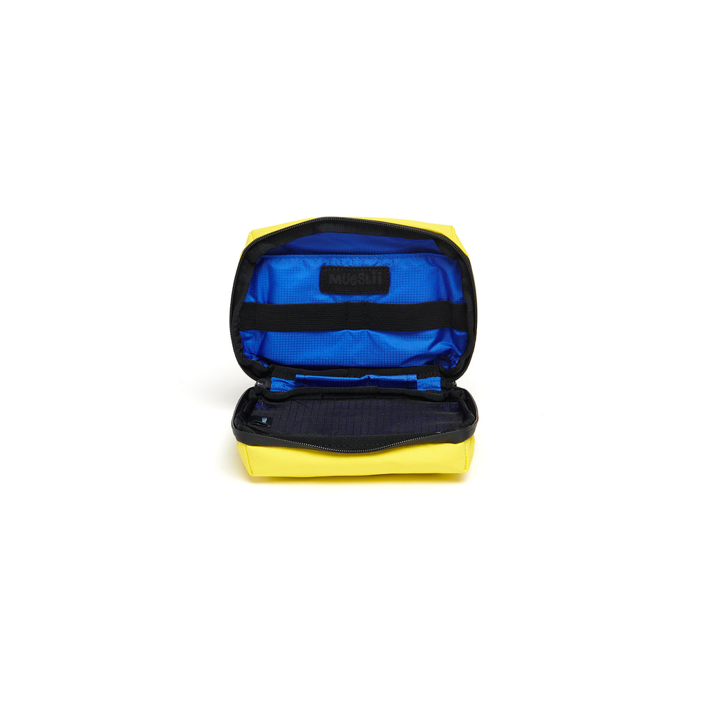 Mueslii tech case, made of PU coated waterproof nylon, color lemon yellow, inside view.