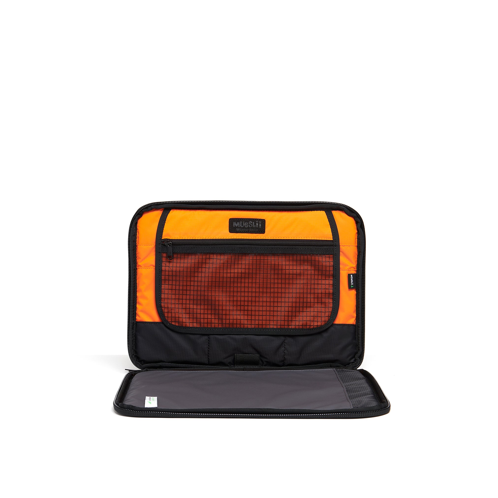 Mueslii A4 document- tech holder,  made of PU coated waterproof nylon, color slate grey, inside view.