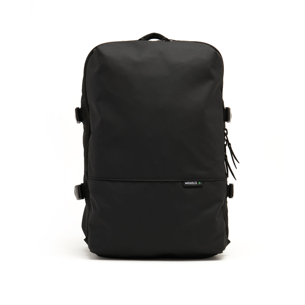 Mueslii travel backpack, made of PU coated waterproof nylon, color black, front view.