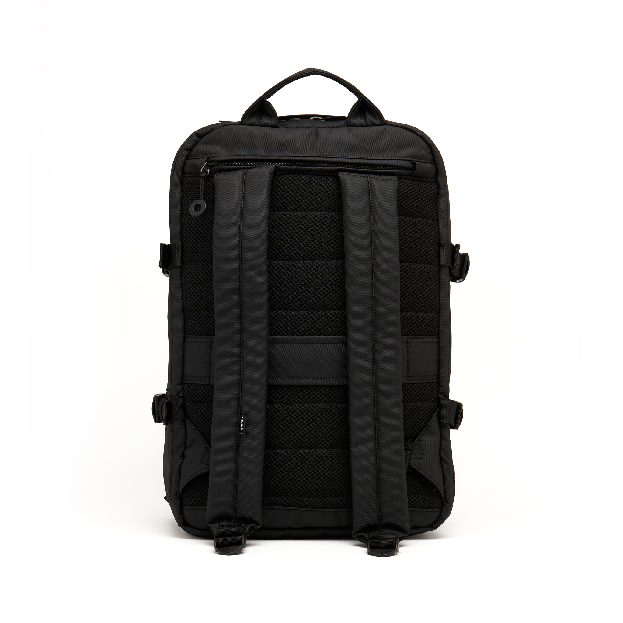 Mueslii travel backpack, made of PU coated waterproof nylon, color black, back view.
