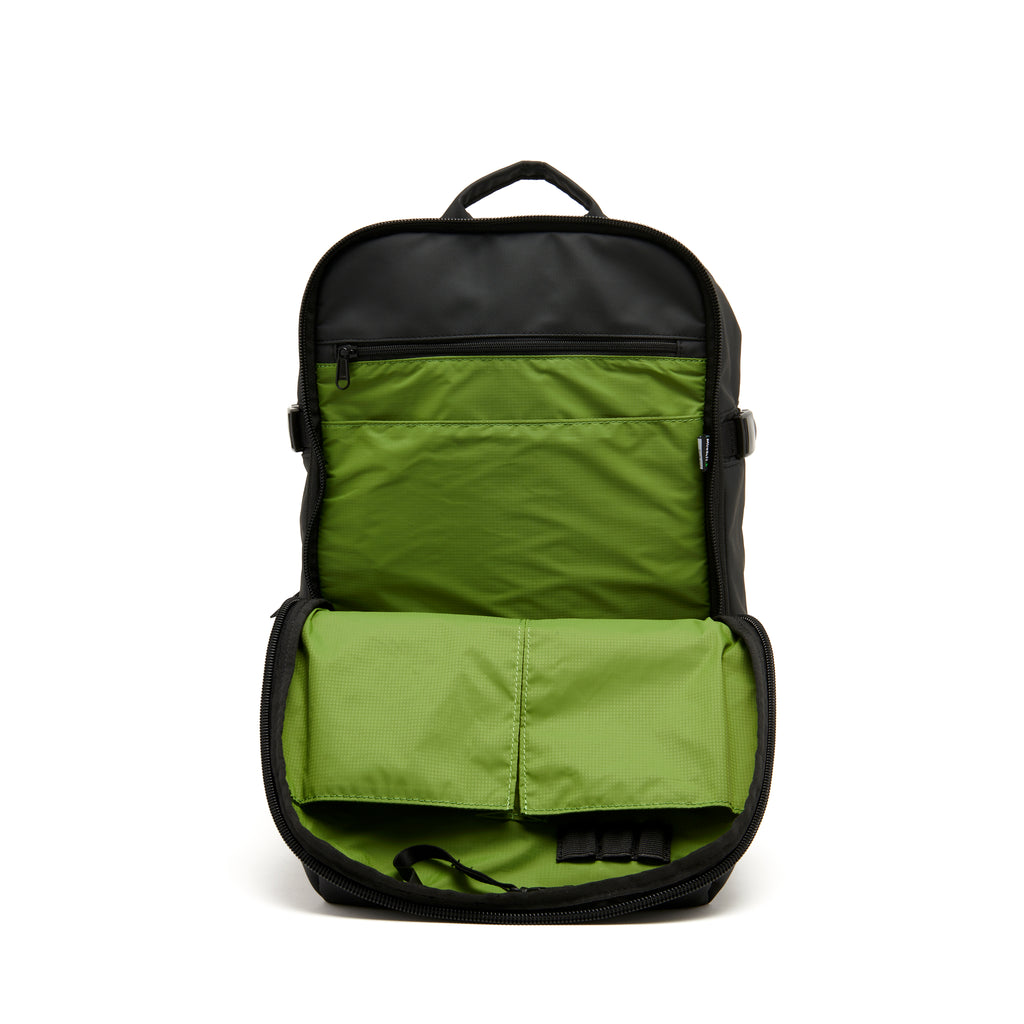 Mueslii travel backpack, made of PU coated waterproof nylon, color black, inside view.