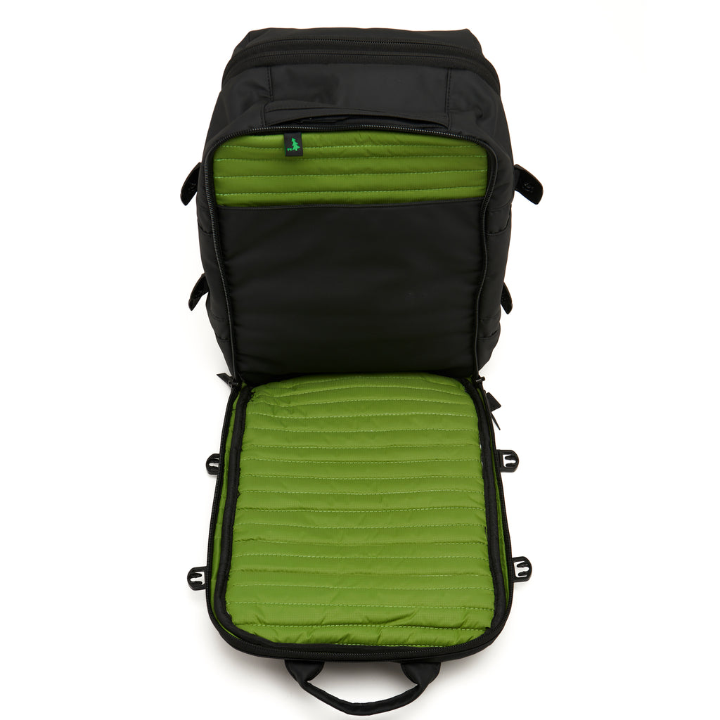 Mueslii travel backpack, made of PU coated waterproof nylon, color black, perfect cabin luggage size.