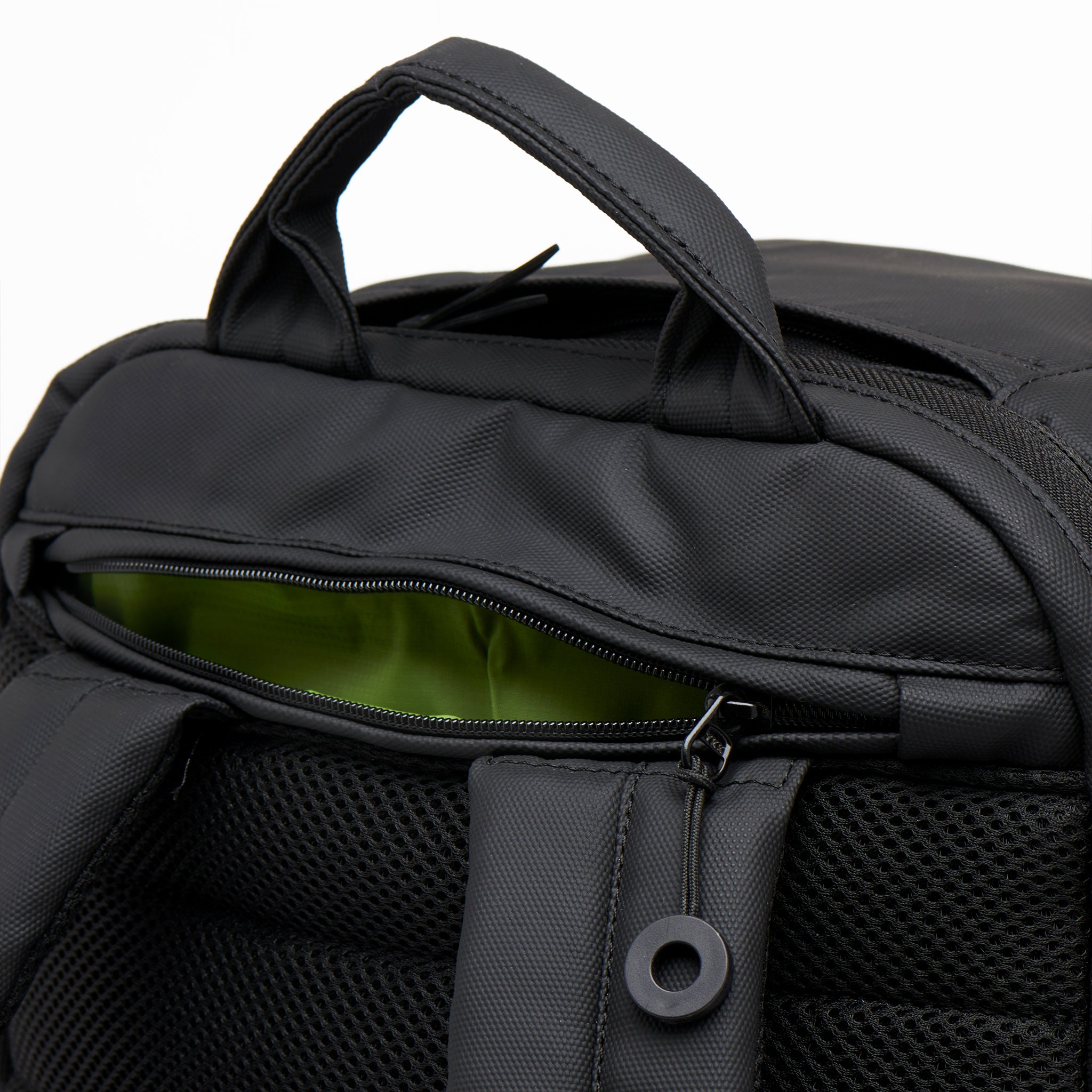 Mueslii travel backpack, made of PU coated waterproof nylon, color black, external anti-theft pocket.