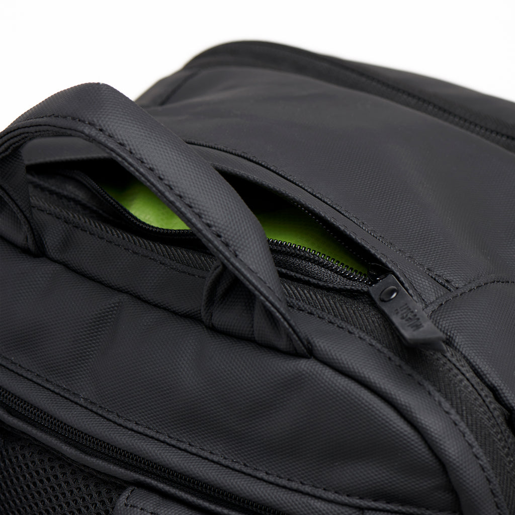 Mueslii travel backpack, made of PU coated waterproof nylon, color black, light and confortable.