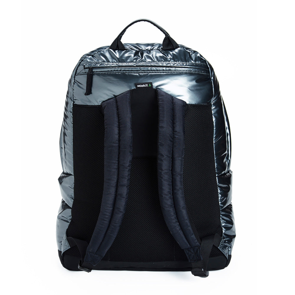 Mueslii XXL puffer backpack made of metal coated nylon and Ykk zips, color stone coal metal, back side.