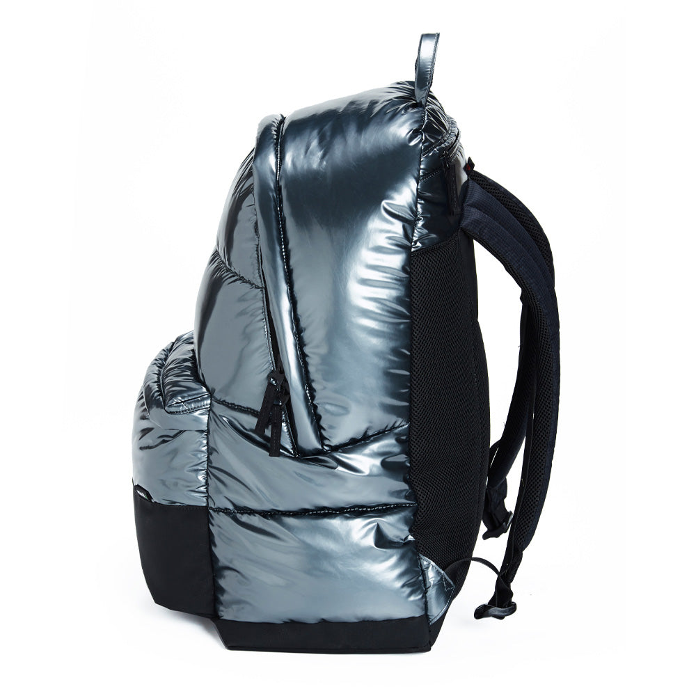 Mueslii XXL puffer backpack made of metal coated nylon and Ykk zips, color stone coal metal, extra confort padded back panel and strap.