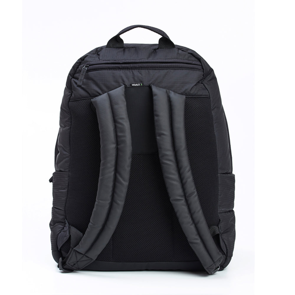 Mueslii XXL puffer backpack made of coated nylon and Ykk zips, color black-rip stone nylon, back side.