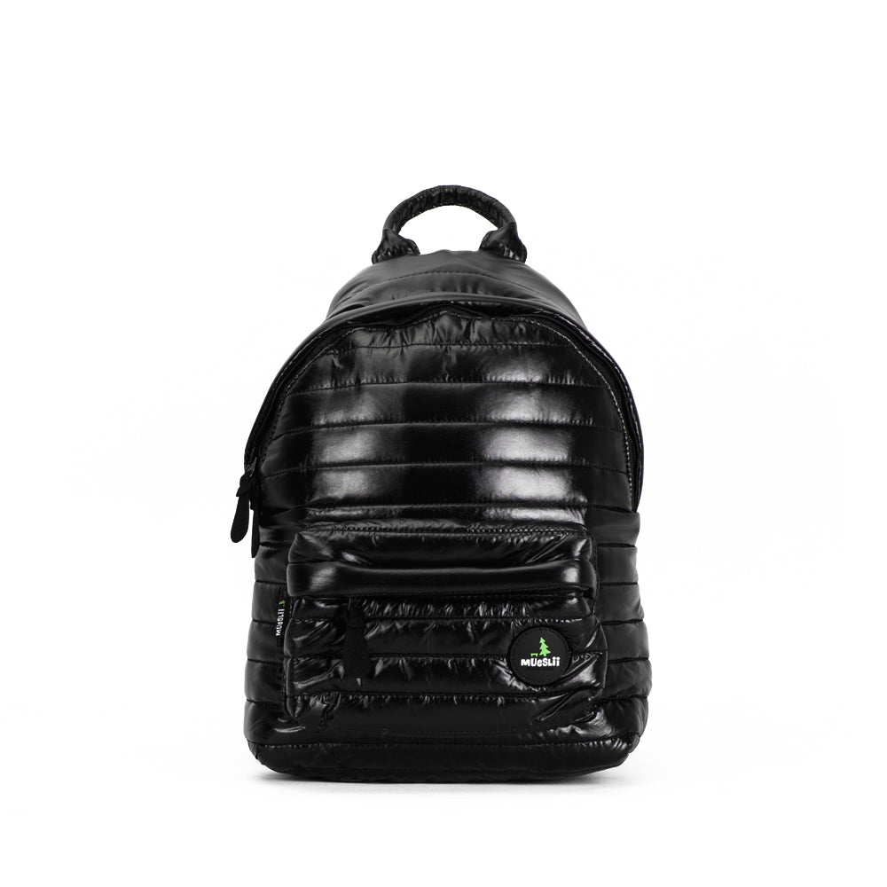 Mueslii original puffer medium and small backpack made of high density nylon and Ykk zips, color black, front view.