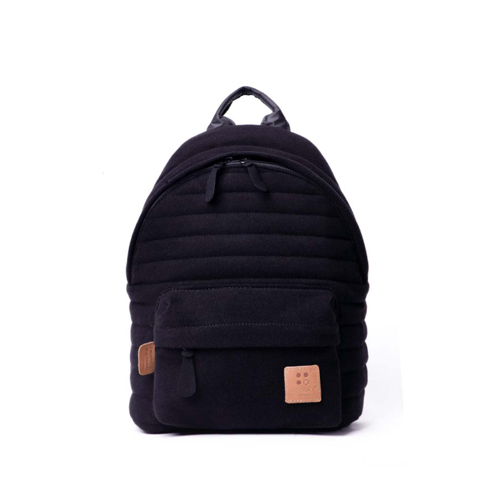 Mueslii original puffer small backpack made of woven cloth and Ykk zips, color black, front view.