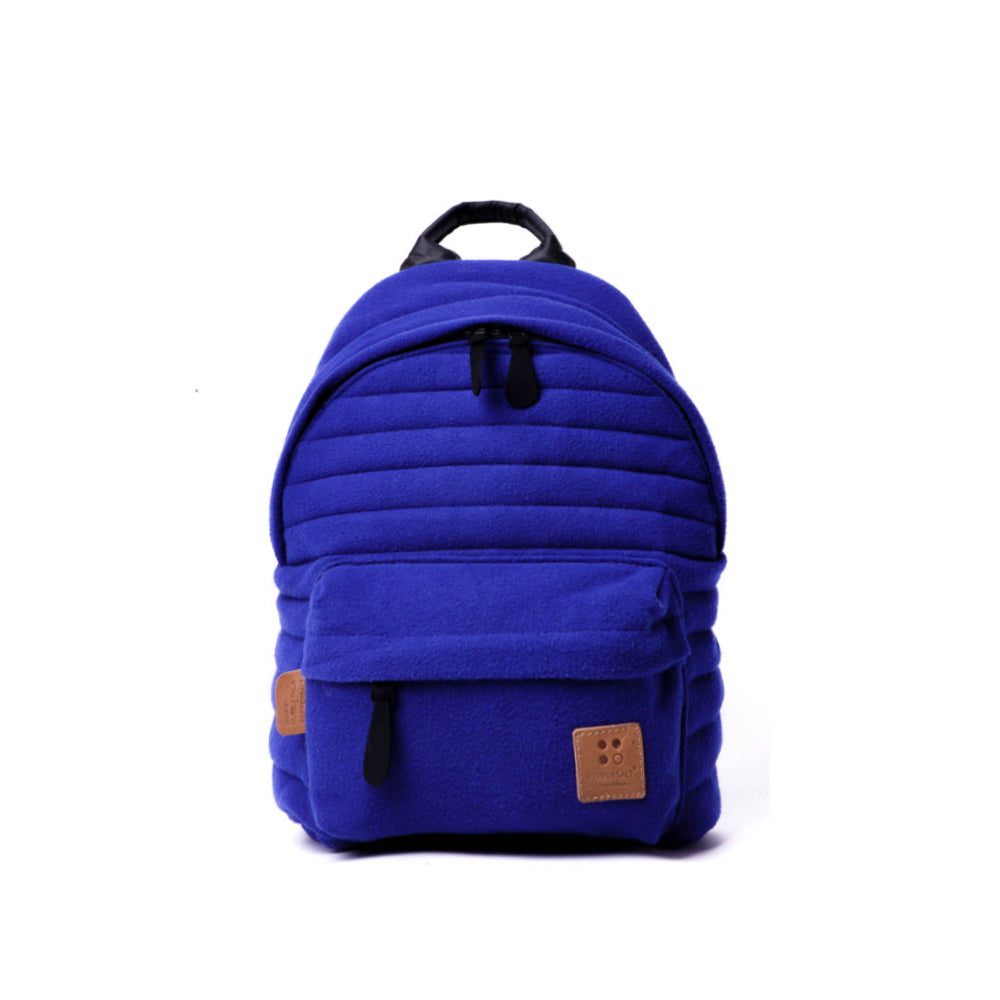 Mueslii original puffer small backpack made of woven cloth and Ykk zips, color blue, front view.