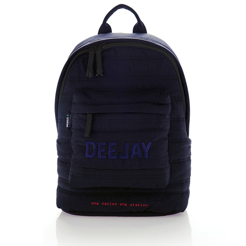 Daily backpack made with crinkle nylon, designed to keep your laptop (max 15”) safe and cushioned. Color Blue, front view.