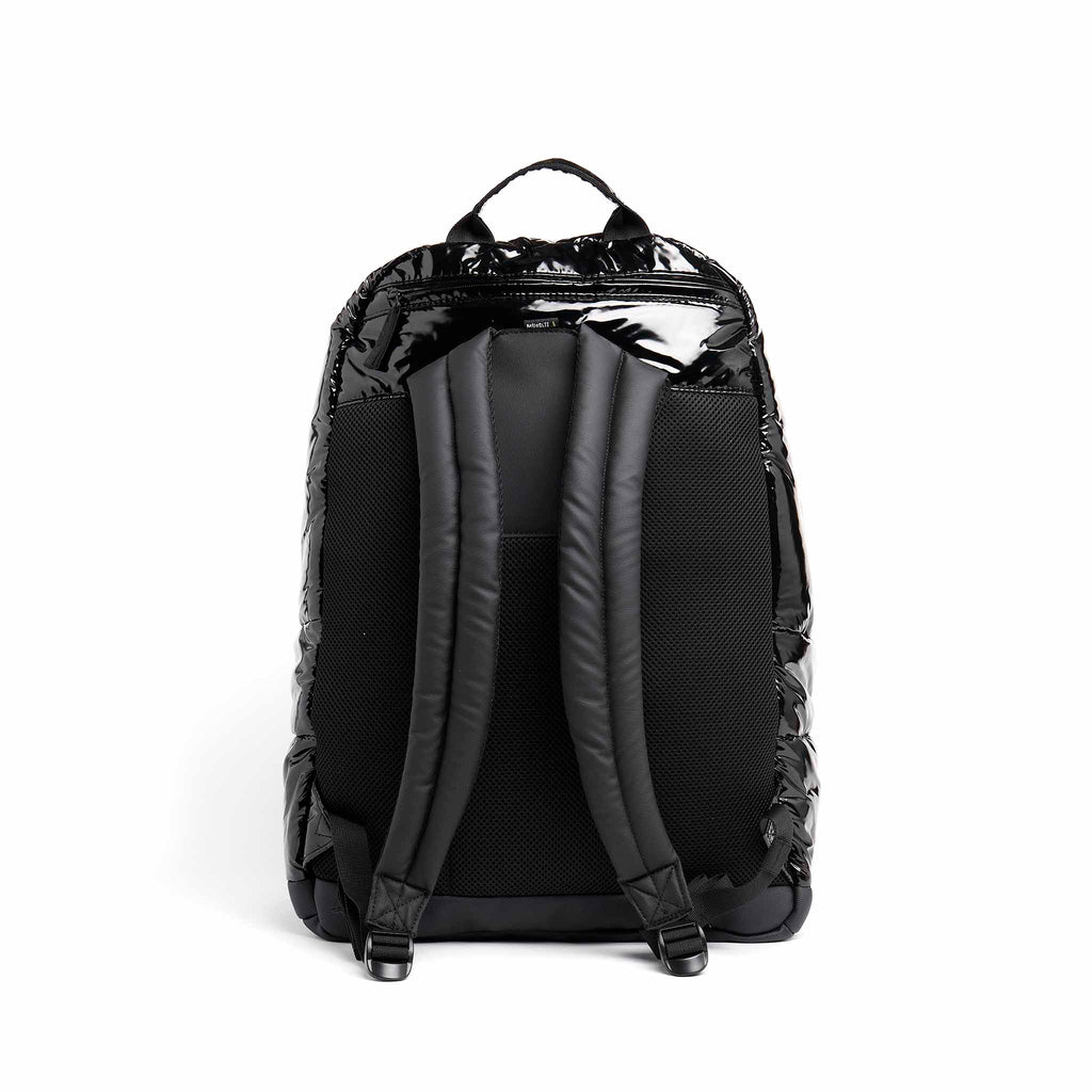 Mueslii XXL puffer backpack made of metal coated nylon and Ykk zips, color metal black, back side.