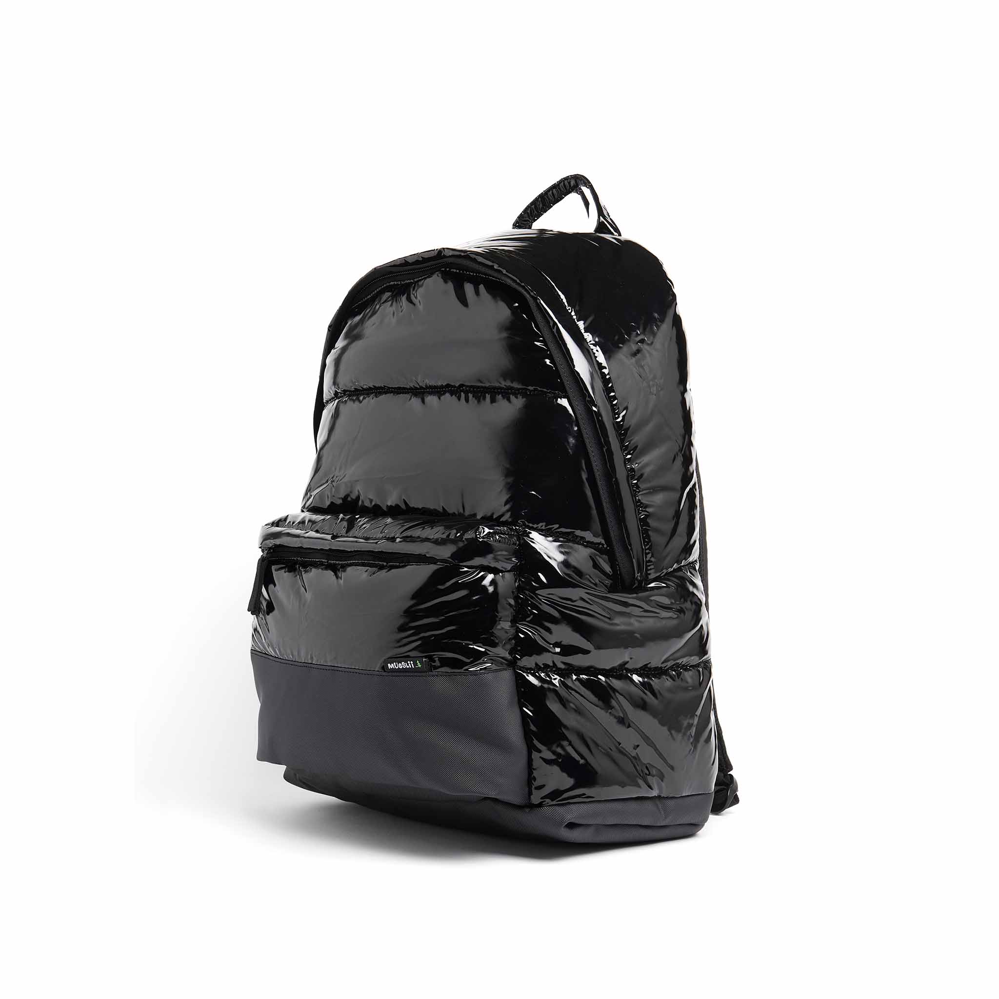 Mueslii XXL puffer backpack made of metal coated nylon and Ykk zips, metal black, unisex model.